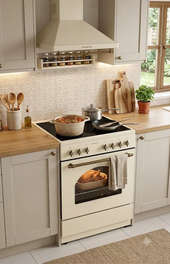 COCINA VITROCERÁMICA CREMA XL CON HORNO ELECTRICO 60 CM ANCHO SOLTHERMIC CREMA RÚSTICA ACABADOS DORADOS/, 4 FUEGOS/HORNO ELECTRICO