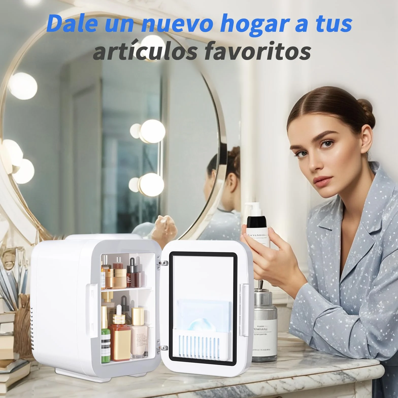 YASHE Mini Nevera para Dormitorio, Skincare Nevera con Espejo LED, Pequeña Nevera de 4L Portátil, Calentador y Enfriador Termoeléctrico 220V AC / 12V DC para Coche, Oficina, Dormitorio (blanca)