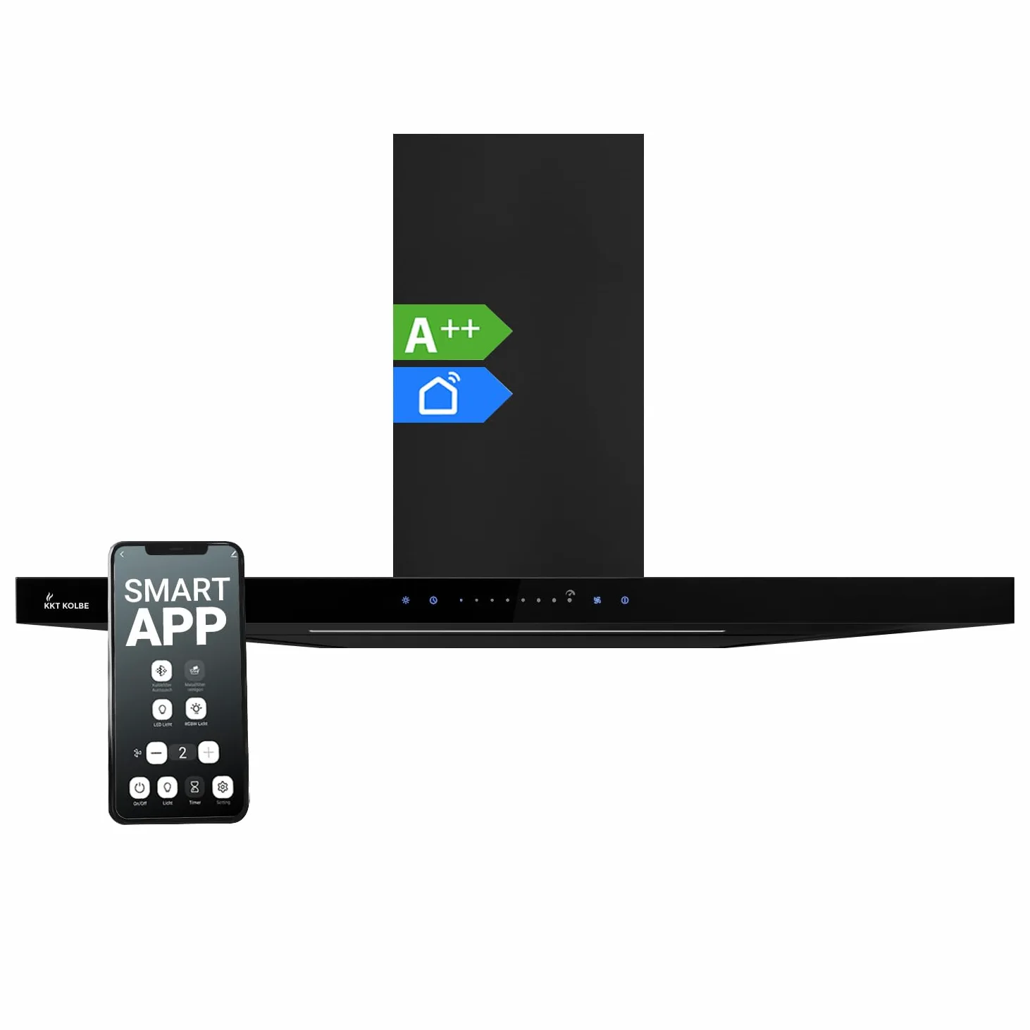 KKT KOLBE Campana Extractora 90 cm | Campana de Pared | acero inoxidable | vidrio negro | WiFi | apagado automático | Funcionamiento táctil | FLAT9006S | aire de escape y circulación, acero inoxidable y vidrio negro, control táctil sensor, wifi, marcha tr