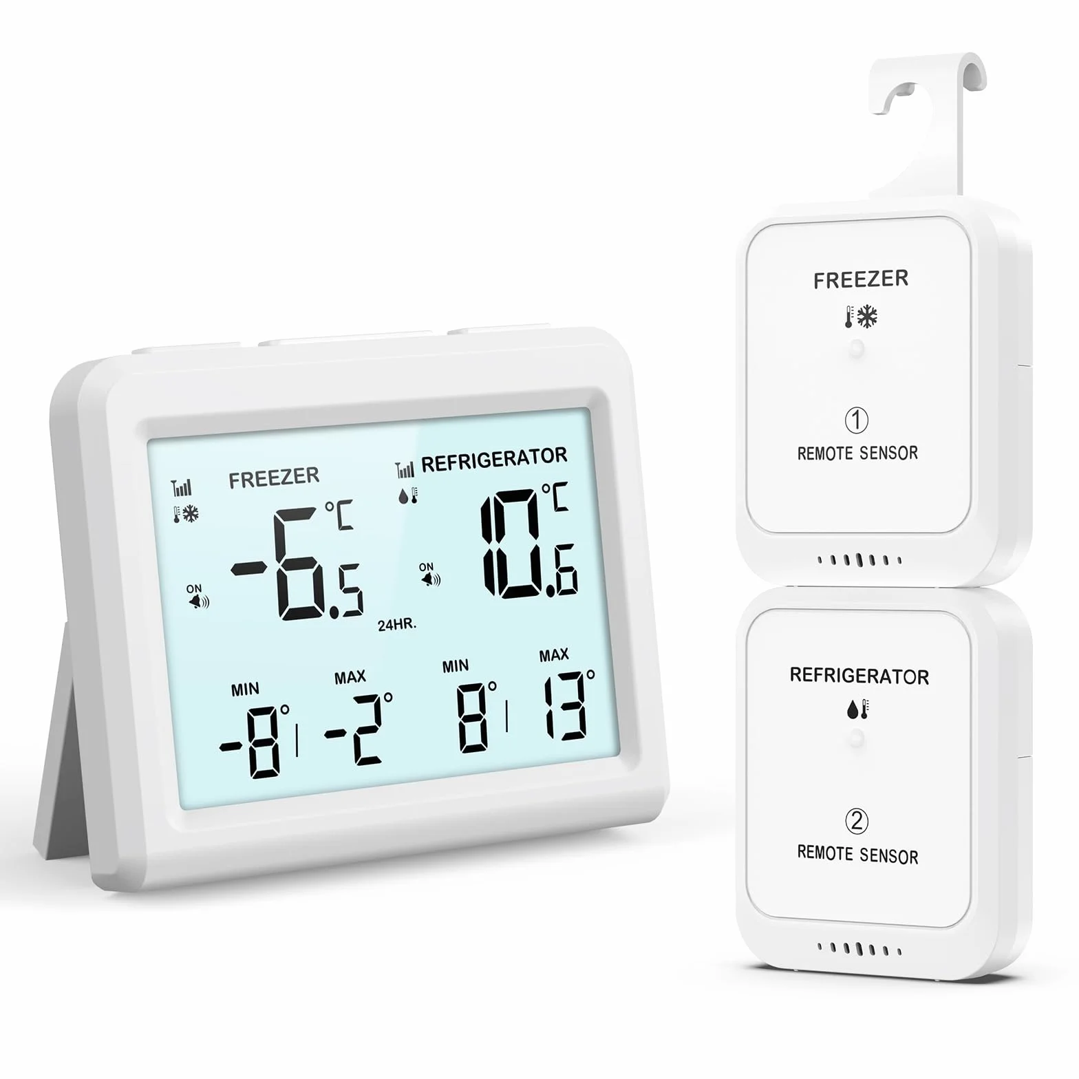 ORIA Termómetro Digital para Congelador, Termómetro para Nevera con 2 Sensores Inalámbricos, Pantalla LCD de 3,7", ℃/℉, Registro Min/Max, 2 Opciones de Montaje para Hogar y Restaurantes