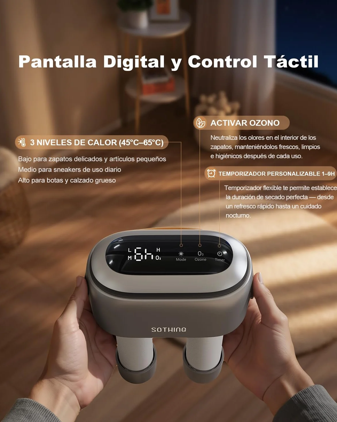 SOTHING Secador de Zapatos Eléctrico con Ozono: Pantalla Digital, 3 Niveles de Calor, Temporizador 1-9H, Tubos Telescópicos 30 cm para Zapatos, Botas y Guantes Deportivos