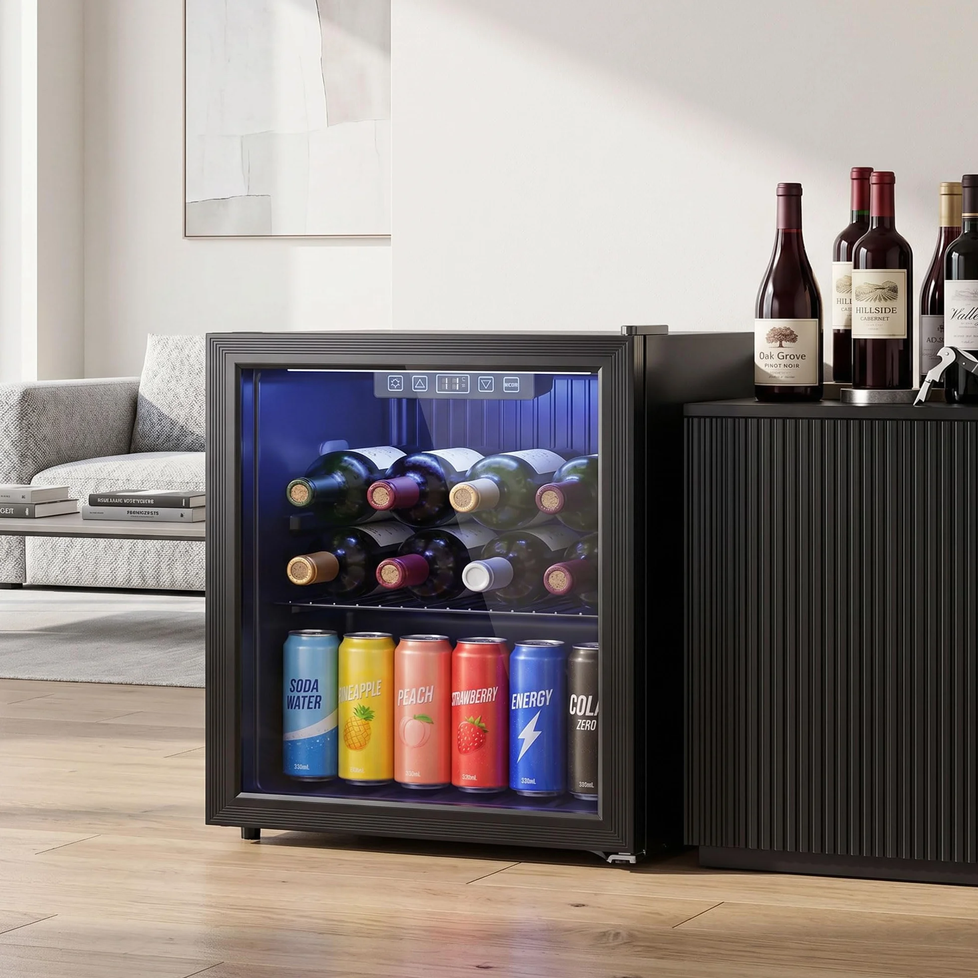 HOMCOM Frigorífico de Bebidas 50 L, Mini Nevera con Puerta de Vidrio Doble, Iluminación LED, Estante Ajustable, 2-18℃, para 48 Latas, Nevera Pequeña para Refrescos, Cerveza y Vino