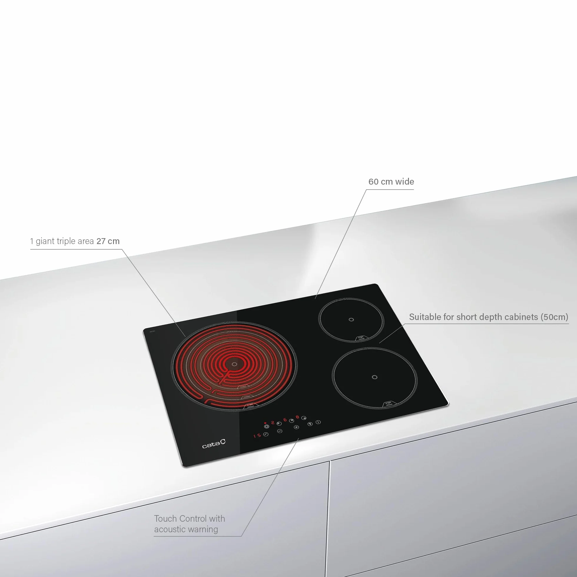 Cata | Placa de inducción | Modelo TT 5003/G | 3 Zonas de Cocción | Placa con 9 Niveles de Potencia Regulables + Booster | Ancho de 59cm | Acabado en Color Negro