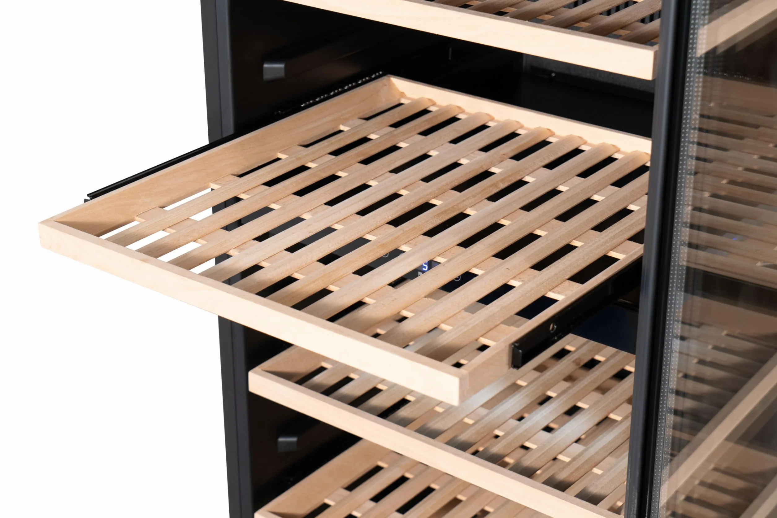 METRO Professional Vinoteca GWC1171D, acero inoxidable/vidrio, 8 estantes de madera, termostato digital, para 171 botellas de vino, con cerradura, negro/plateado