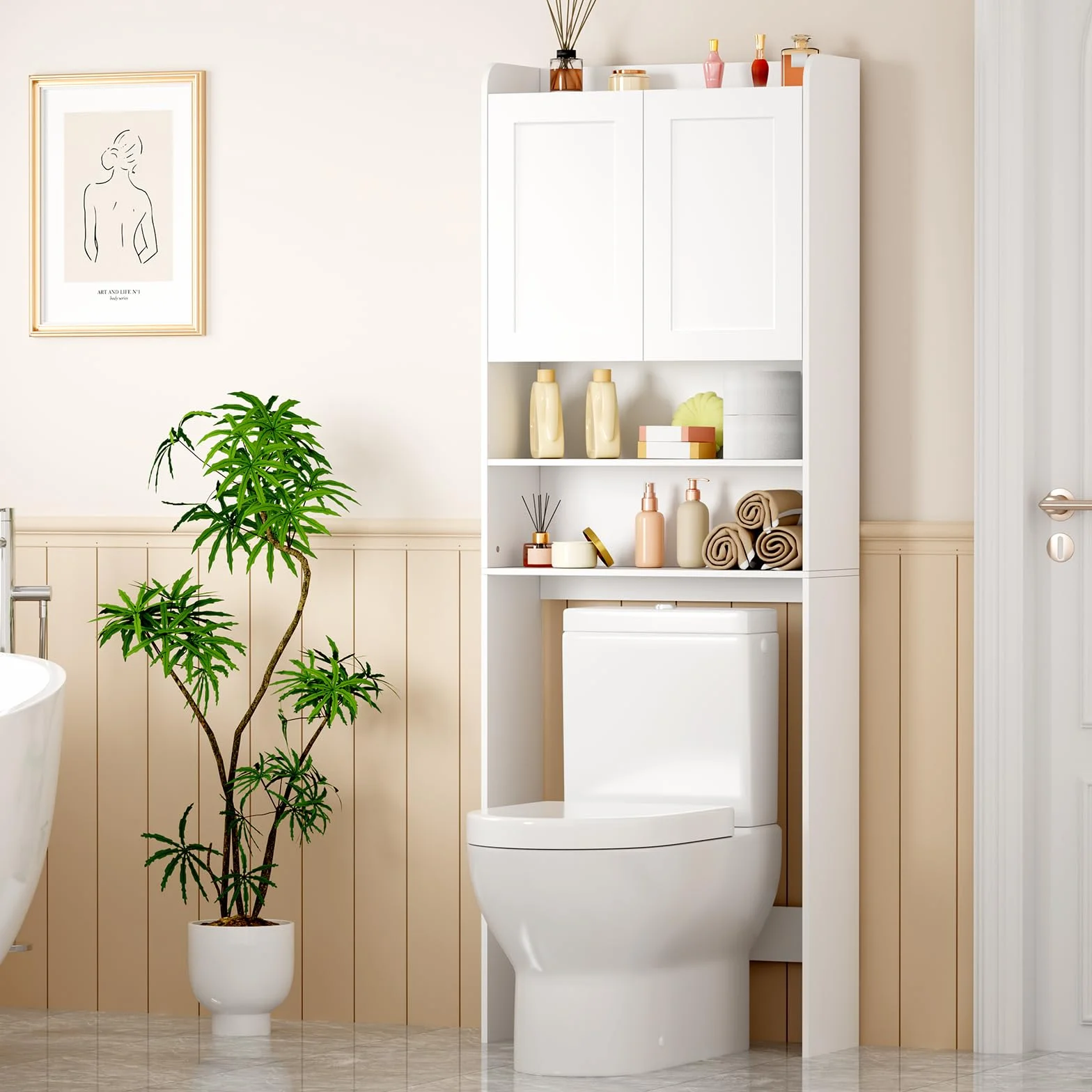 BEWISHOME Estantería sobre Lavadora,Mueble para Lavadora con Estantes Ajustables,2 Puertas y 2 Espacios Abiertos,Armario instalable sobre Lavadora,Inodoro y Secadora,24×65×185 cm,Blanco EYYG19W