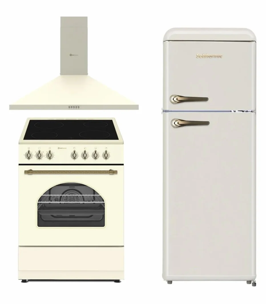 SOLTHERMIC PACK 3 EN 1 CREMA RÚSTICO COCINA VTC XL 60 CM CON HORNO AMPLIO + CAMPANA DECORATIVA 60 CM Y FRIGORIFICO 2P F2PR147C 1,47 x 55 gran capacidad de HASTA 220L y bajo consumo