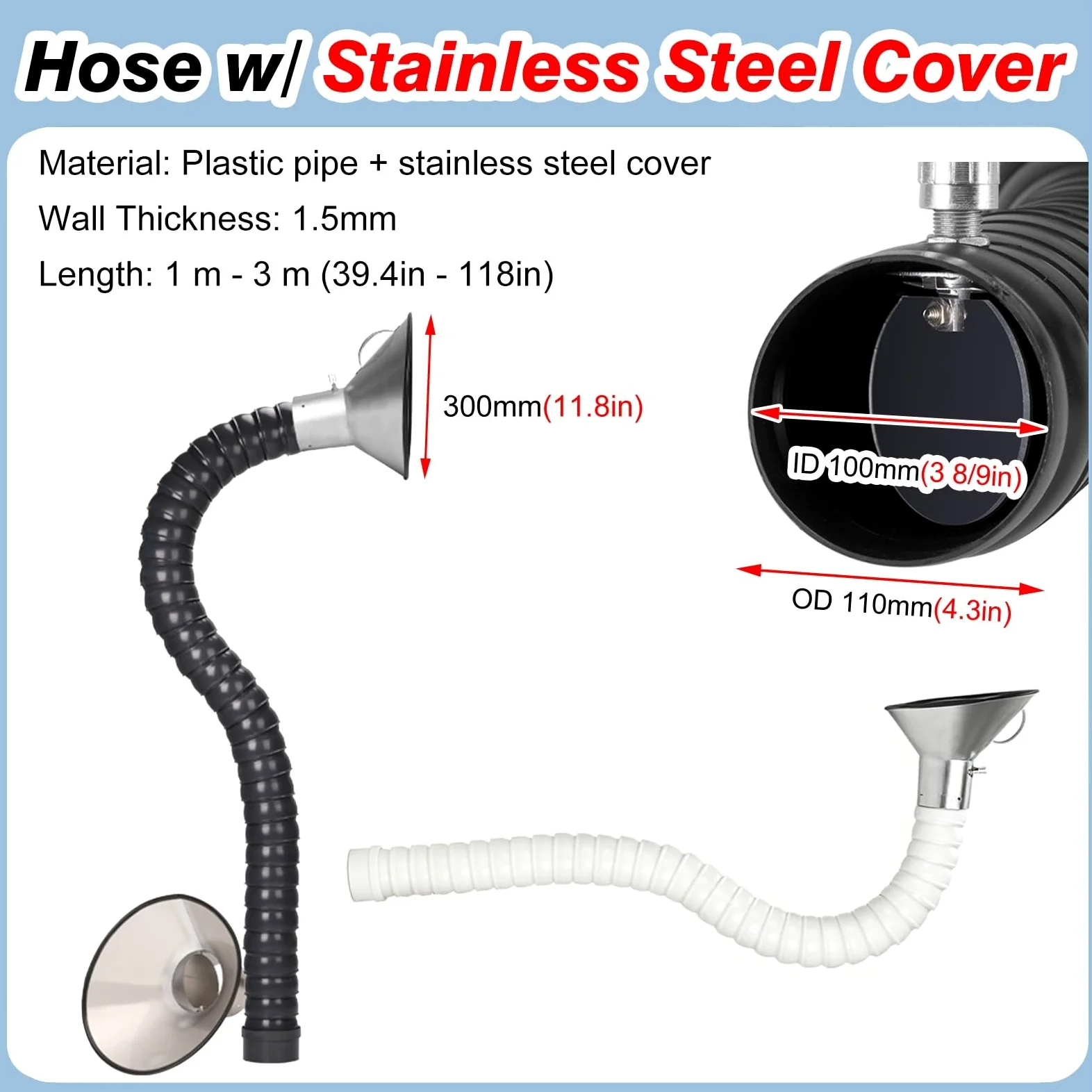 Brazo de extracción de Humos, Manguera Flexible articulada de 4" (91,44 cm) de 3, 5 o 6 pies para Extractor de Aire, Brazo de recolección de Humos y Gases con Campana para Laboratorio/fábric
