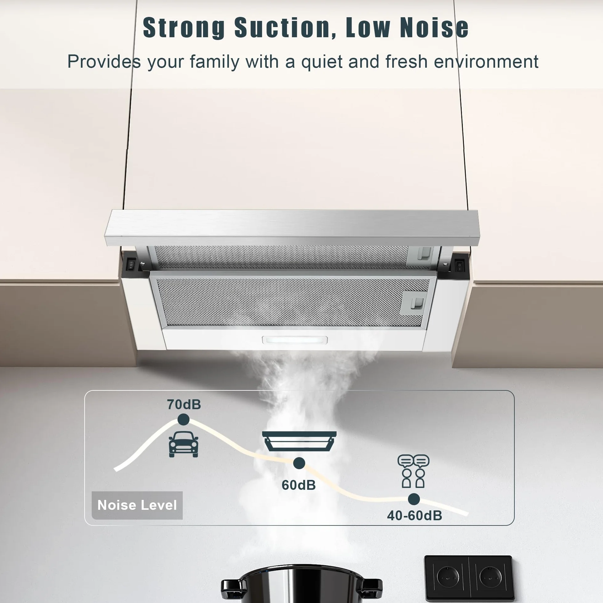 Campana Extractora 60 cm Telescópica, 400 m³/h Flujo de Aire, Superficie de Acero Inoxidable, Iluminación LED, Interruptor Basculante, Campanas Extractoras Silenciosas para Cocina