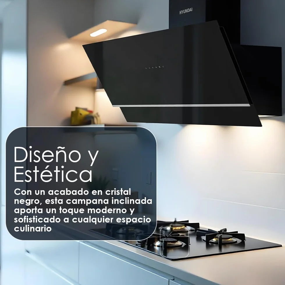 Hyundai Campana Extractora Inclinada 90cm Cristal negro HCPD900AN. Potencia 253m3/h, Tiro Doble, 4 Velocidades, Control Táctil, Filtro apto para Lavavajillas.
