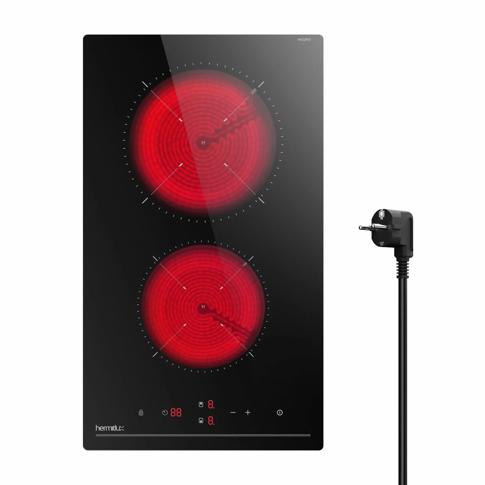 Hermitlux placa vitrocerámica 2 fuegos Compatible con Todos Utensilios | 3300W,30CM 9 niveles de potencia, control táctil, temporizador, seguro para niños, apta para todo tipo de sartenes
