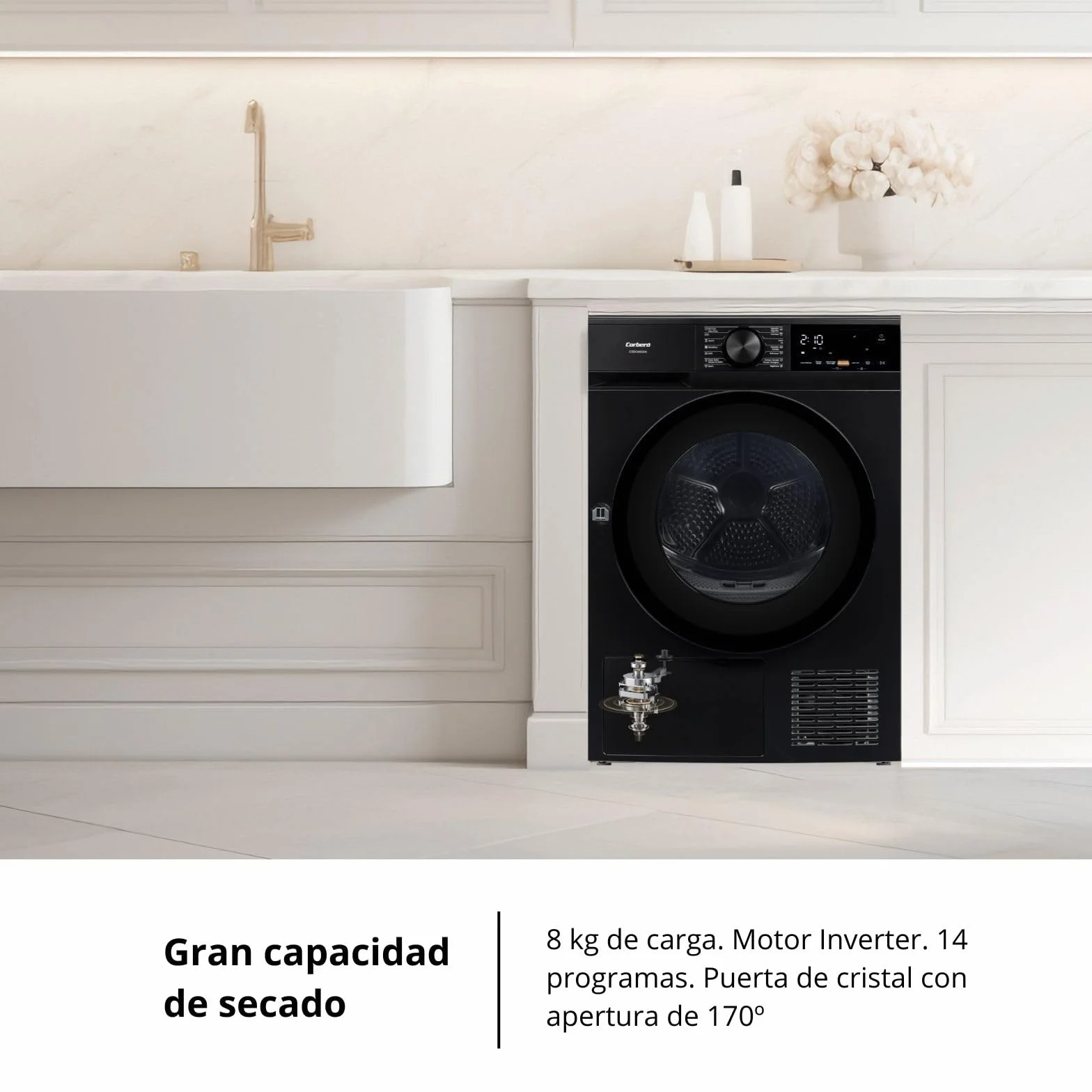 Corberó - Secadora Bomba de Calor Excellence | CSBCM850N | 8 kg | 84,5 x 60 x 59,5 cm | Motor Inverter | 5 Niveles de Secado | Purificación Luz UV | Tambor Inox | 65 dB | Negro | Clase C