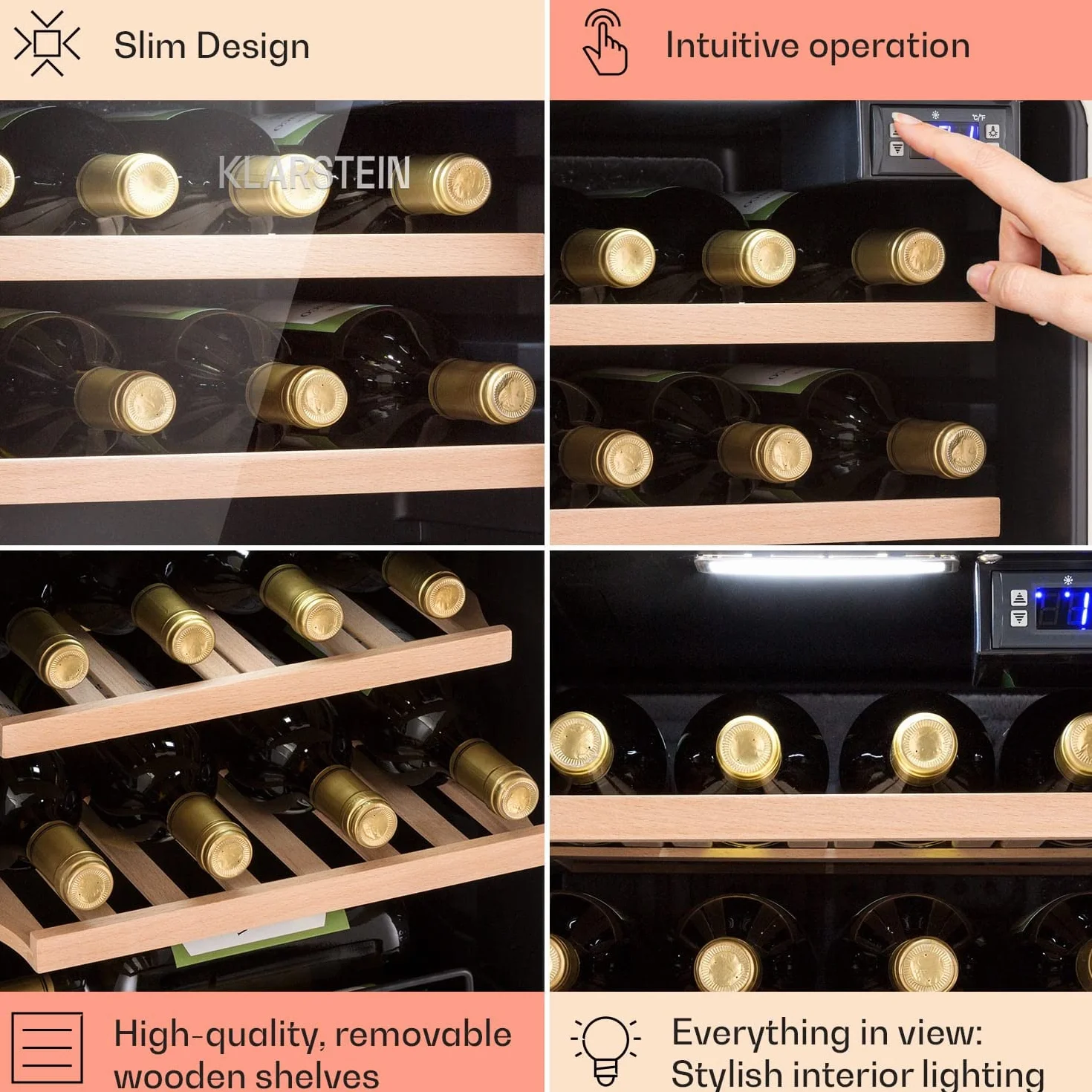 KLARSTEIN Vinoteca 12 Botellas, Nevera Vinos, Una Zona de Refrigeración, Nevera Expositora Vino y Cerveza, Vinoteca Interior y Exterior con Puerta de Cristal, Nevera Vino con Protección UV, 4-22°C
