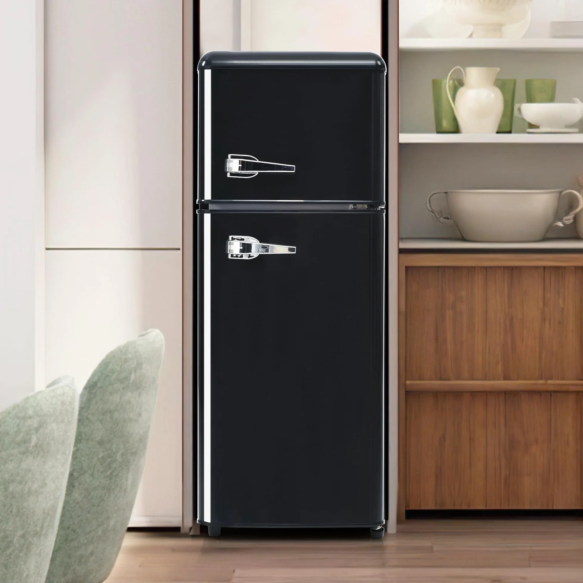 Frigorífico Mini 92L, Frigorifico Pequeño con Congelador (28L+64L), Frigorifico Combi con LED, 105,5x41x45,5 cm Frigorífico no Frost con 2 Estantes Ajustables, 116 kWh/año, -27°C∽13°C (Black)