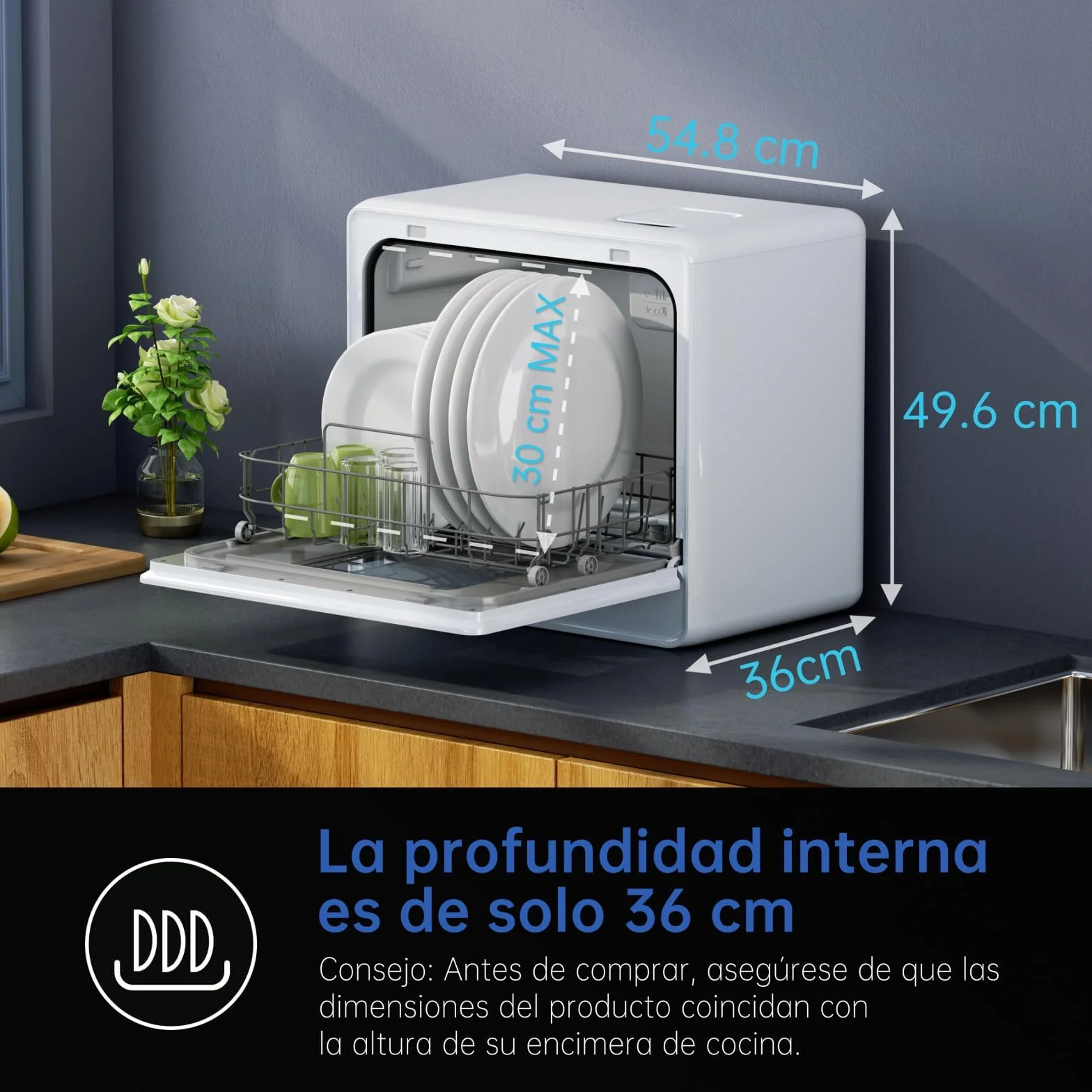 AIRMSEN Lavavajillas Portátil Pequeño 7+2 Programas Sal Absoftante Depósito 5L Control Táctil Pantalla LED Blanco