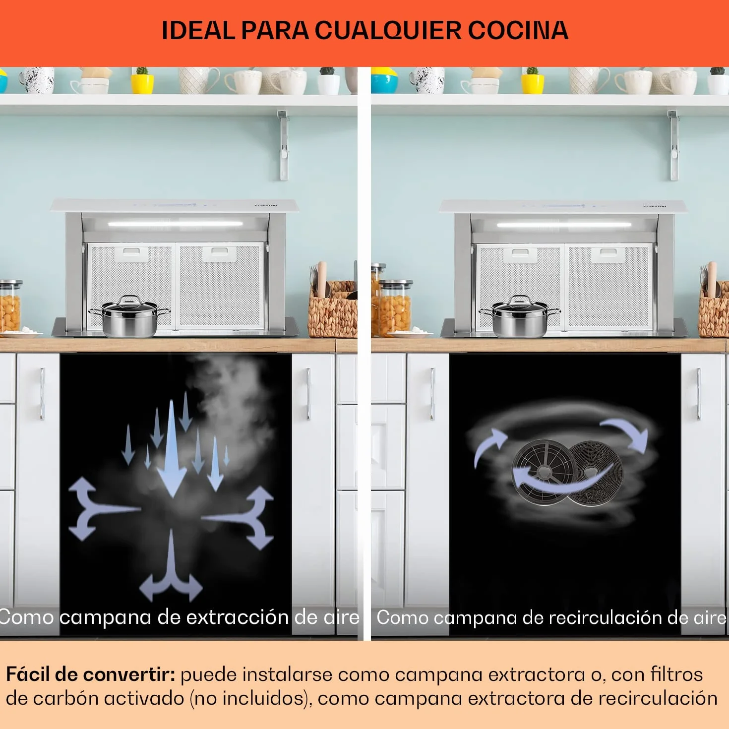Klarstein Royal Flush Eco 60cm - Campana extractora retráctil, 576 m³/h, Touch-To-Slide, LED, eficiencia energética A++, acero inoxidable y cristal, recirculación/extracción de aire