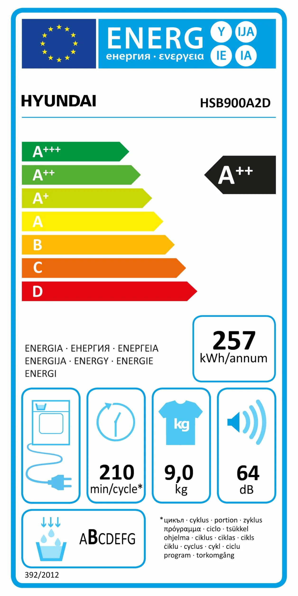 Hyundai Secadora Bomba Calor 9 Kg, Carga Frontal, Blanco, HSB900A2D. 700W, 14 Programas, Función Antiarrugas, Función Antiarrugas, Tambor Waterdrop, Eficiencia Energética Clase A++