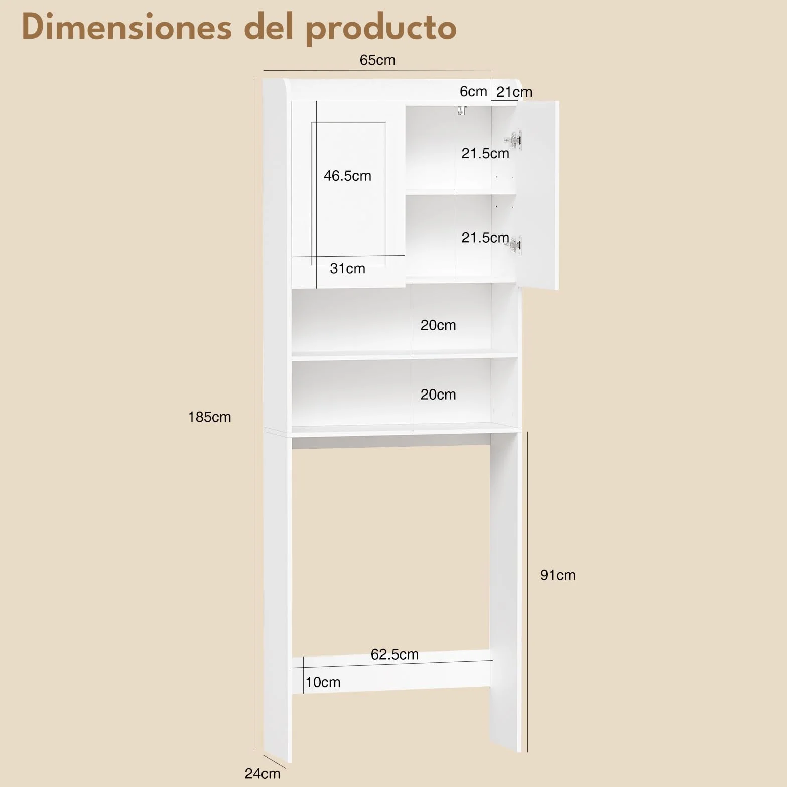 BEWISHOME Estantería sobre Lavadora,Mueble para Lavadora con Estantes Ajustables,2 Puertas y 2 Espacios Abiertos,Armario instalable sobre Lavadora,Inodoro y Secadora,24×65×185 cm,Blanco EYYG19W