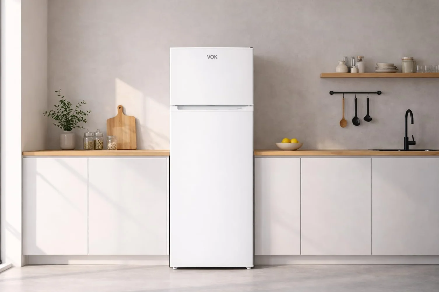 VOK Frigorífico Combi 2 Puertas EVR-206DEW 206L, Al 145cm x An 54cm, Clase E, Puertas Reversibles, Bajo Nivel Sonoro 39 dB, Estantes de Cristal, Blanco