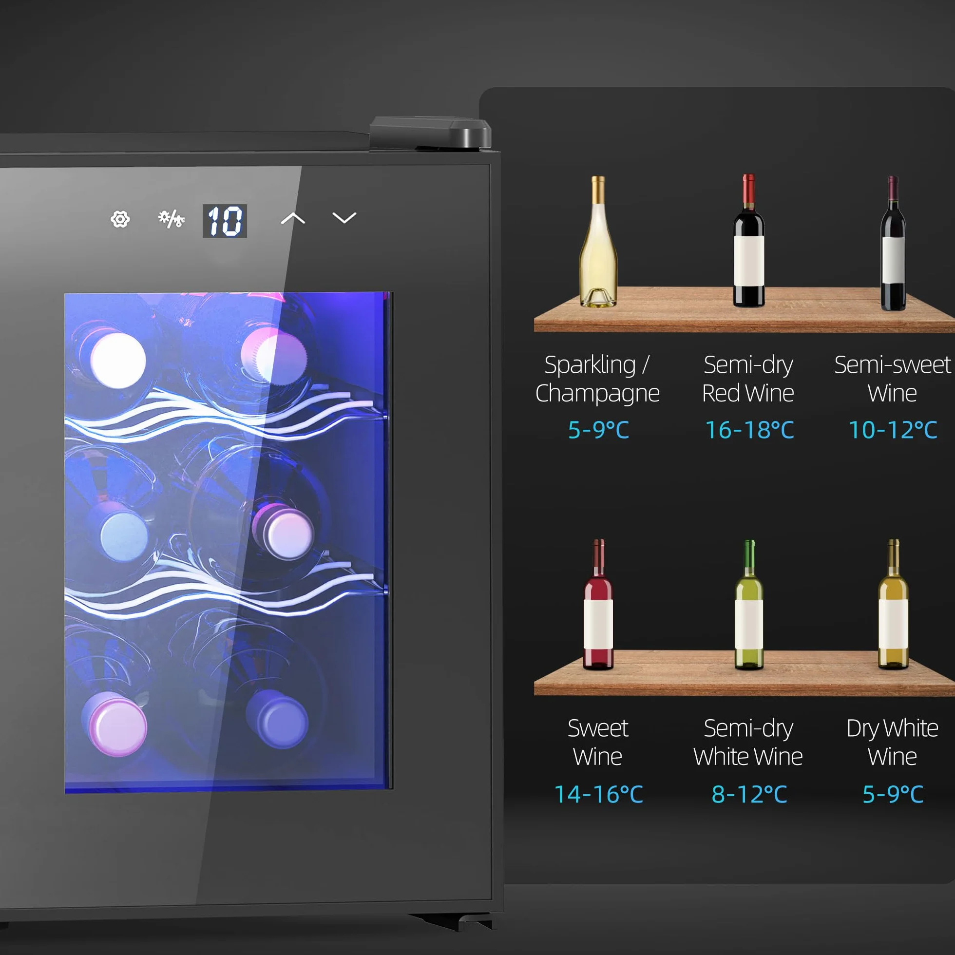 HOMCOM Vinoteca 6 Botellas, Nevera para Vinos con Doble Refrigeración Termoeléctrica, Temperatura Ajustable 8-18℃, Puerta de Vidrio, Anti-UV, Pantalla LED, Luz Interior, Negro
