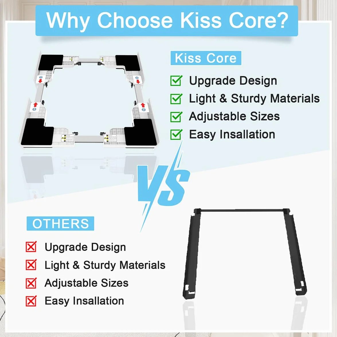 Kiss Core Nuevo Marco de conexión para lavadoras/secadoras, Marco de instalación Universal para Lavadora Secadora con Cuerda de trinquete Blanca, 46-66 cm