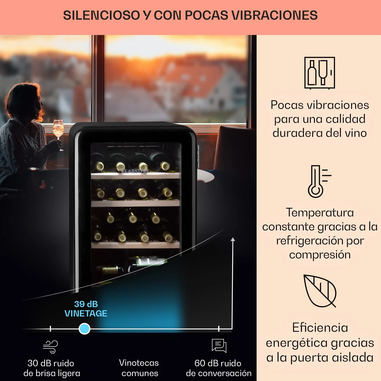 KLARSTEIN Vinoteca 19 Botellas, Nevera Vinos, Una Zona de Refrigeración, Nevera Expositora Vino y Cerveza, Vinoteca Interior y Exterior con Puerta de Cristal, Nevera Vino con Protección UV, 4-22°C