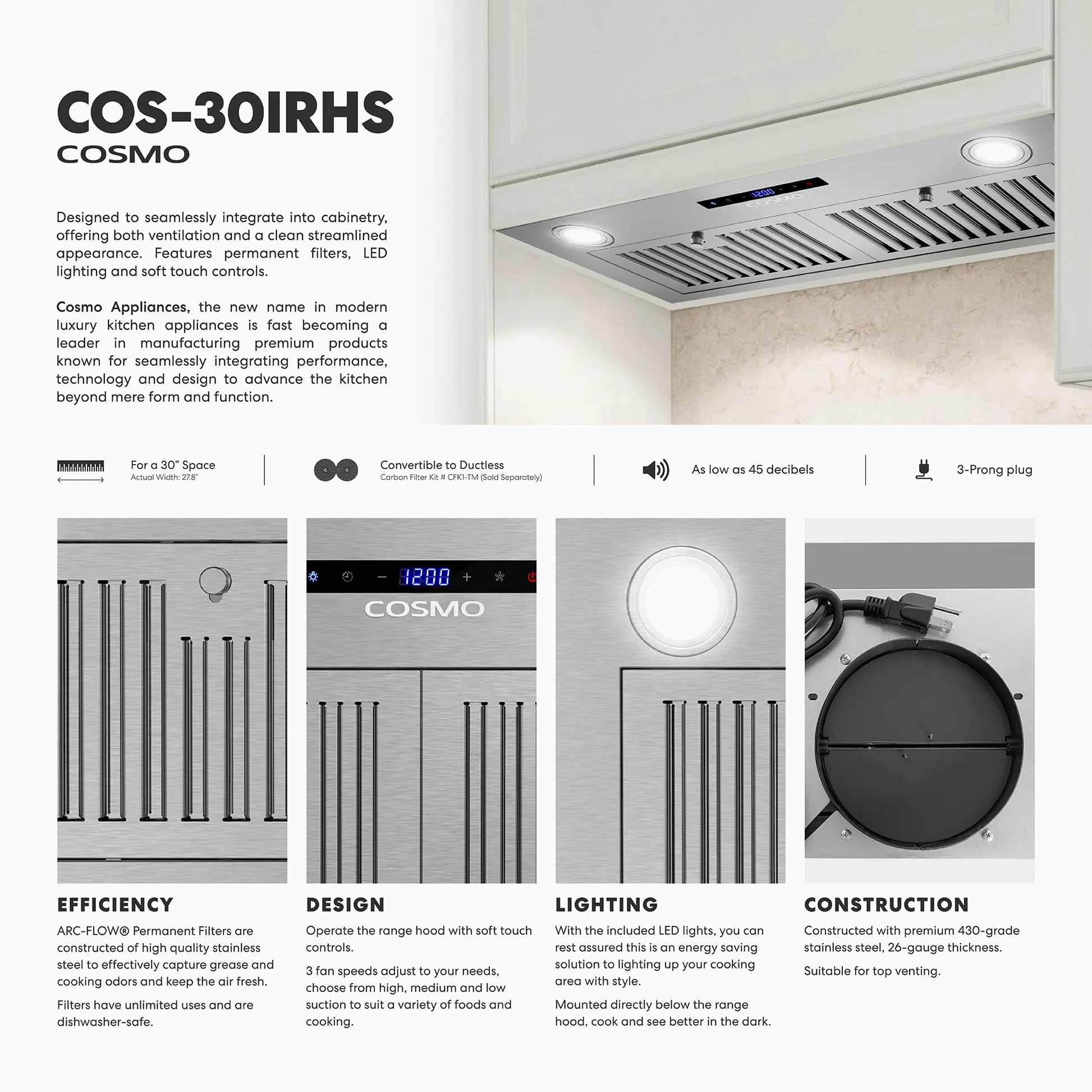 COSMO COS-30IRHS - Campana extractora Lumin Collection 380 CFM con conductos, controles táctiles, luces LED, acero inoxidable