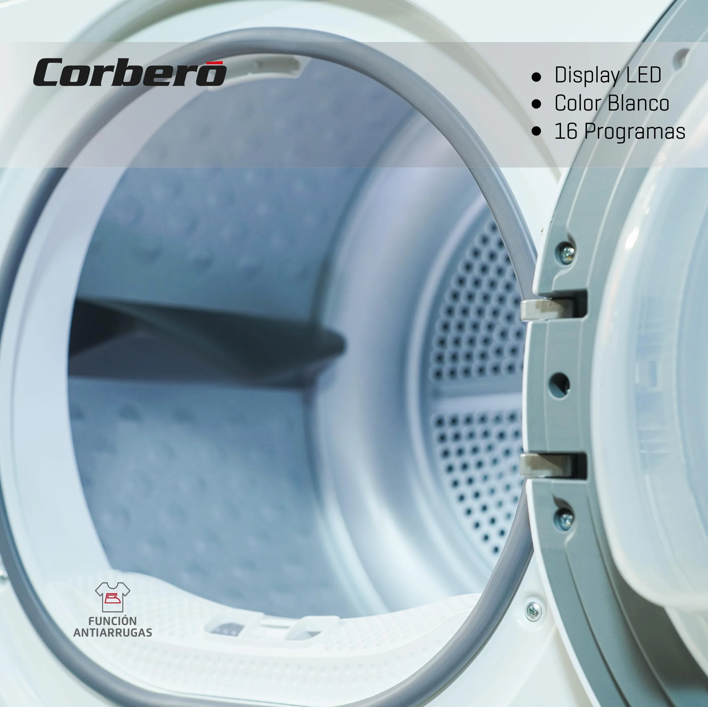 Corberó - Secadora Carga Frontal | CSBCM810W | 8 Kg | Bomba de Calor | Display LED | 16 Programas | Inicio Diferido | Función Inicio/Pausa | Antiarrugas | 65dB | Blanco