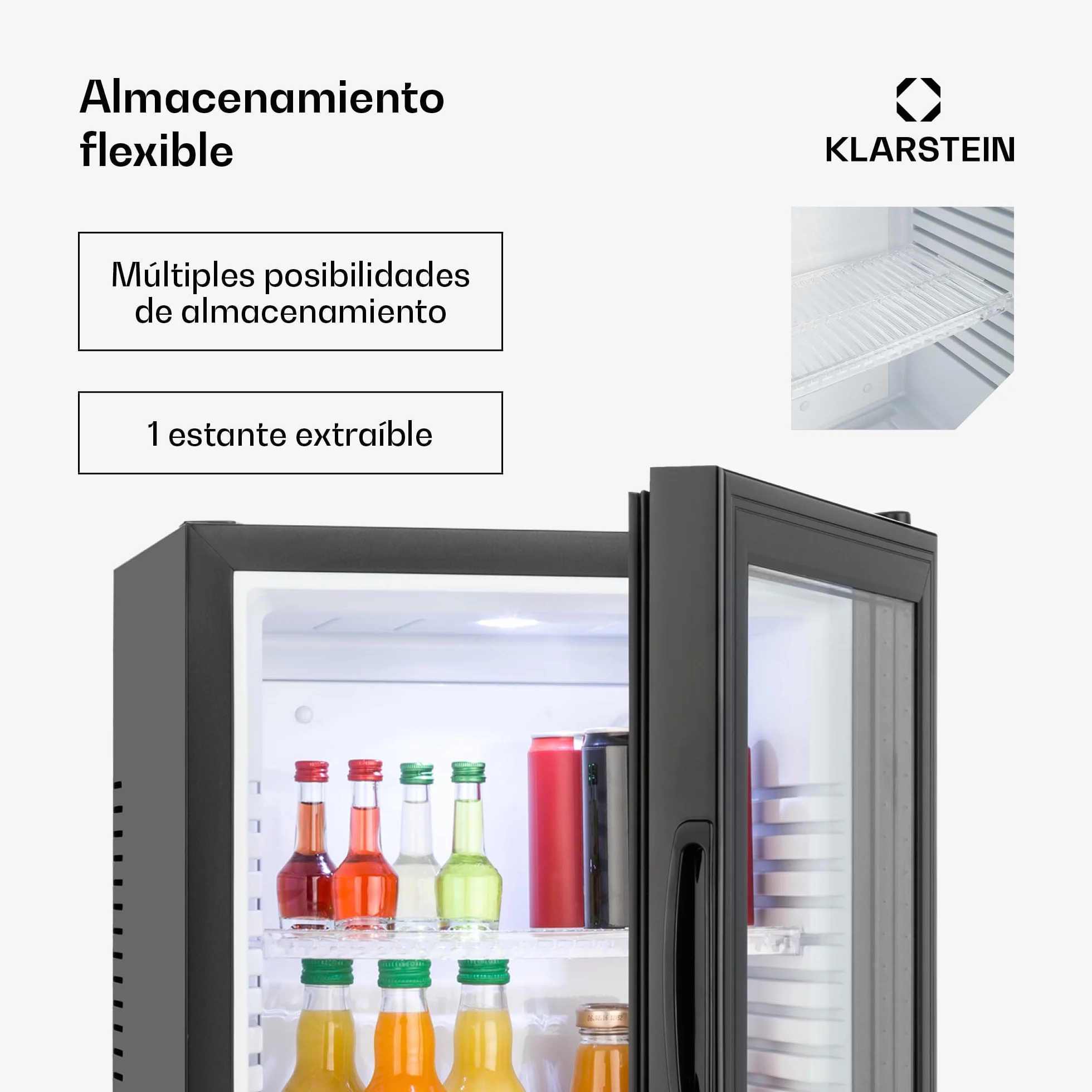 KLARSTEIN Brooklyn Nevera Pequeña Portatil Eléctrica Puerta Cristal, Mini Nevera Silenciosa para Casa y Oficina, Frigorificos Pequeños Refrescos, Cervezas, Estantes Extraíbles, Minibar 12-18°C, 30 l.
