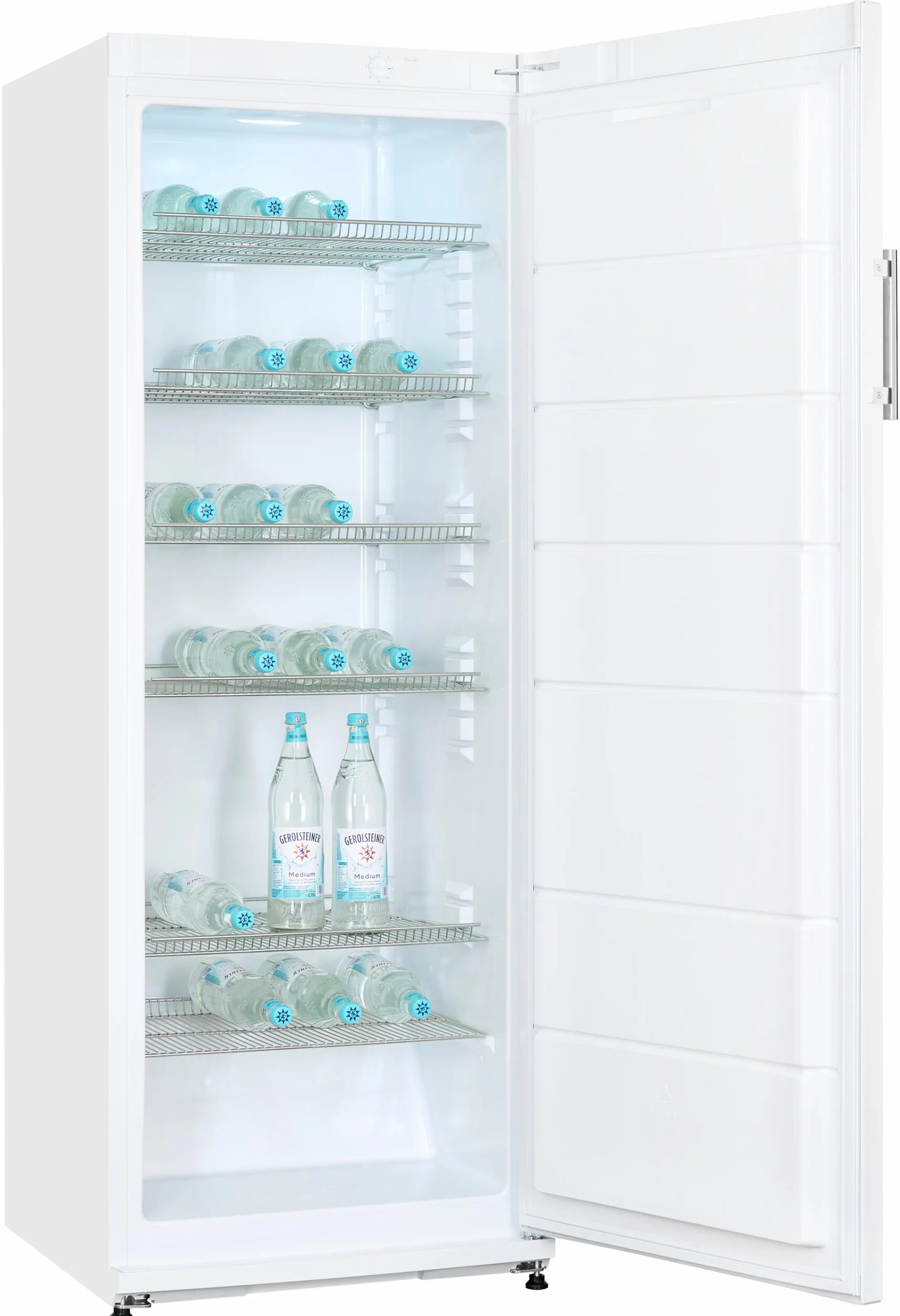 Exquisit® Frigorífico para Bebidas 296L, Color Blanco, Clase E, Puerta Reversible, 6 Estantes de Rejilla, Tirador Externo de Acero, Iluminación LED, Medidas (163,0 x 60,0 x 62,0 cm)
