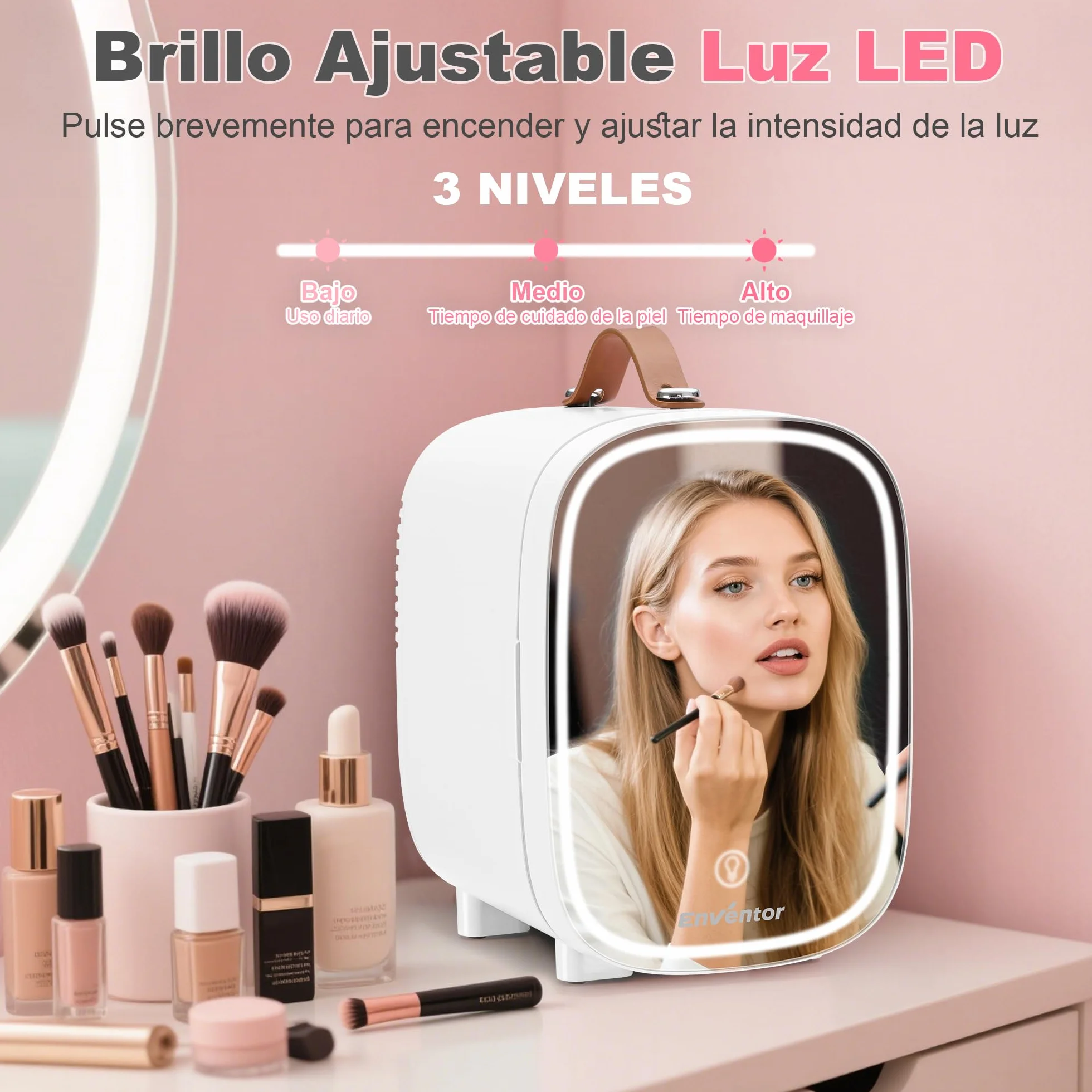 Enventor 4L 6 Latas Nevera Pequeña Blanco, Mini Frigorifico con Enfriador y Calentador, Espejo con Luz LED Regulable, Alimentación Dual, Mini Nevera para Habitacion, Oficina y Coche