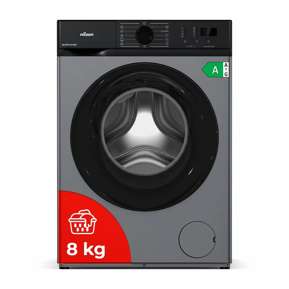 Nilson Lavadora 8Kg Carga Frontal Inox NL8200AIDVBX. 1200 rpm, Motor Inverter, 15 Programas, Eco-logic System, Tambor Acero Inoxidable, Clase de Eficiencia Energética A