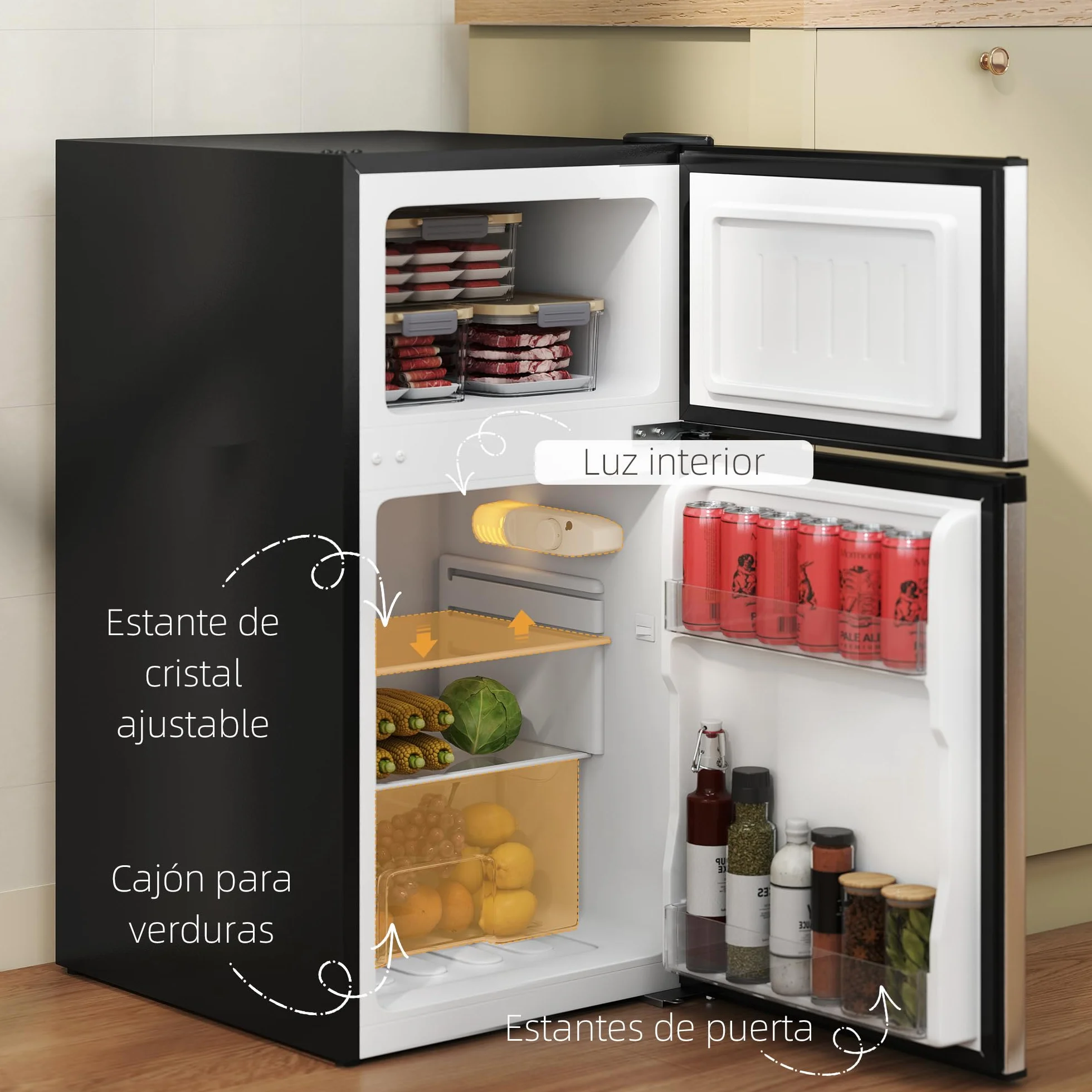 HOMCOM Nevera Pequeña 88 L con Congelador, Mini Frigorífico Silenciosa, Frigorífico Pequeño Bajo Encimera con Temperatura Regulable 5 Niveles, Puerta Reversible y Estantes Ajustables, Negro