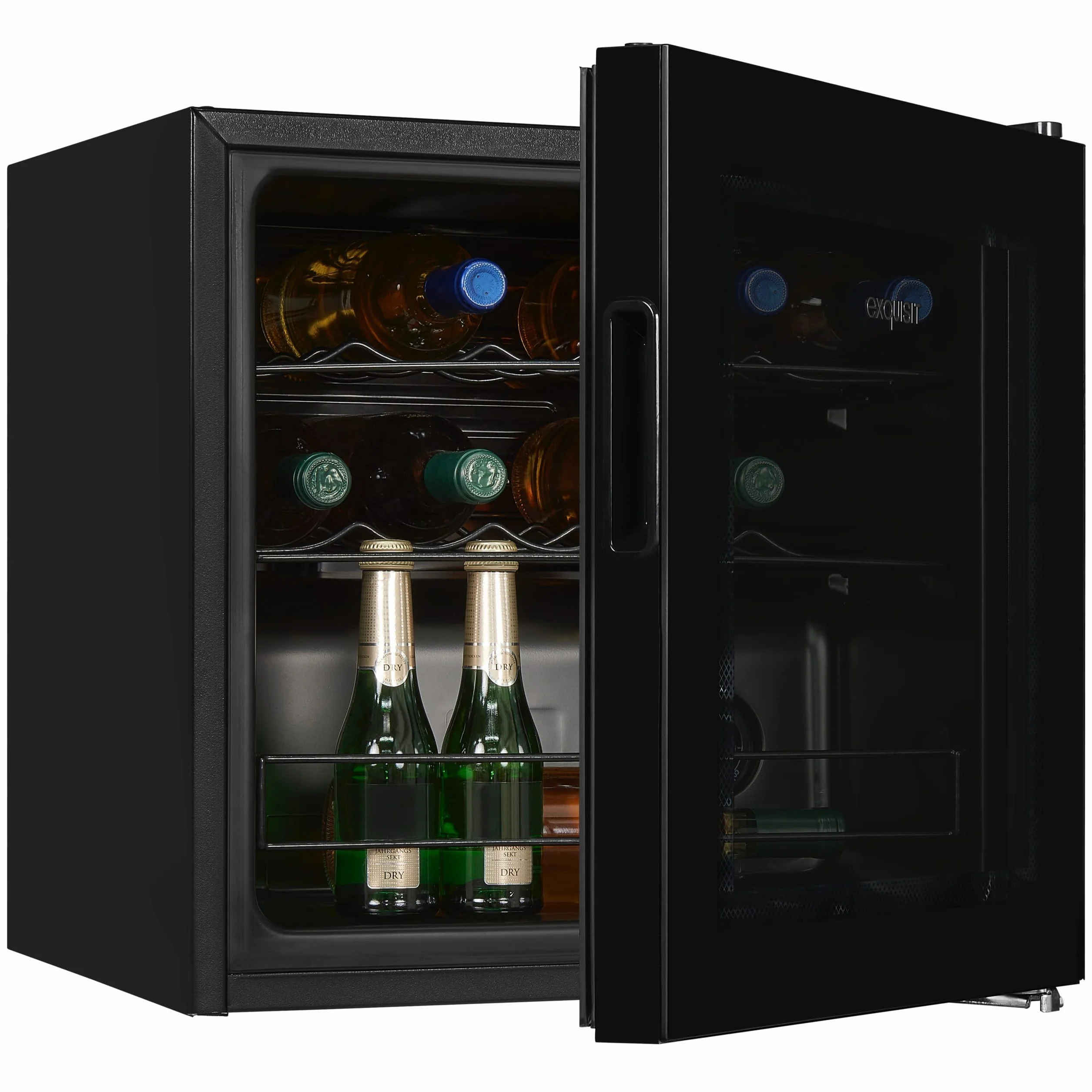 Exquisit® Vinoteca, 12 Botellas, Clase G, Rango de Temperatura de 5ºC a 18ºC, 2 Estantes Metalicos, Tirador Integrado, Altura Regulable, Consumo 130 kWh/año, Medidas 49,2x48x44 Cm.