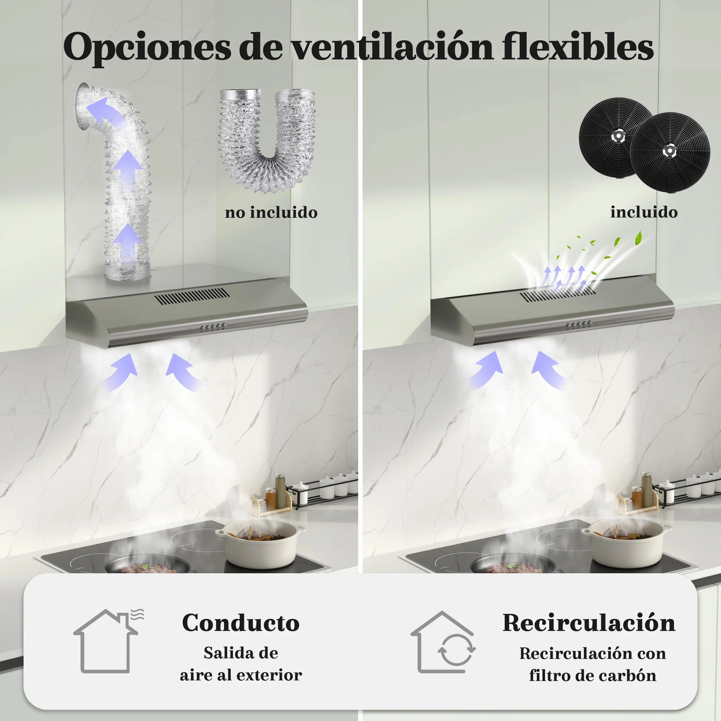 FIREGAS Campana Extractora 60cm A++, Motor Brushless Silencioso 46dB, Capacidad 319m³/h, Acero Inoxidable, Salida Superior/Trasera o Recirculación, Incluye 2 Filtros de Carbón