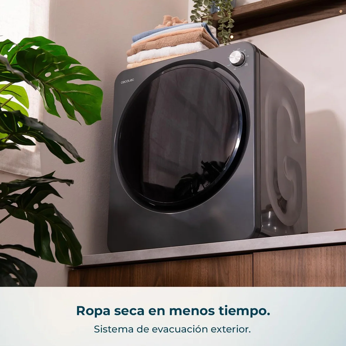 Cecotec Mini Secadora de Evacuación 2,5Kg Bolero DressCode Dry 3150V Dark. 950W, 6 Programas, Programa ECO, Control Knob Intuitivo, Secado Rápido y Eficiente, Ideal Espacios Pequeños, Acero