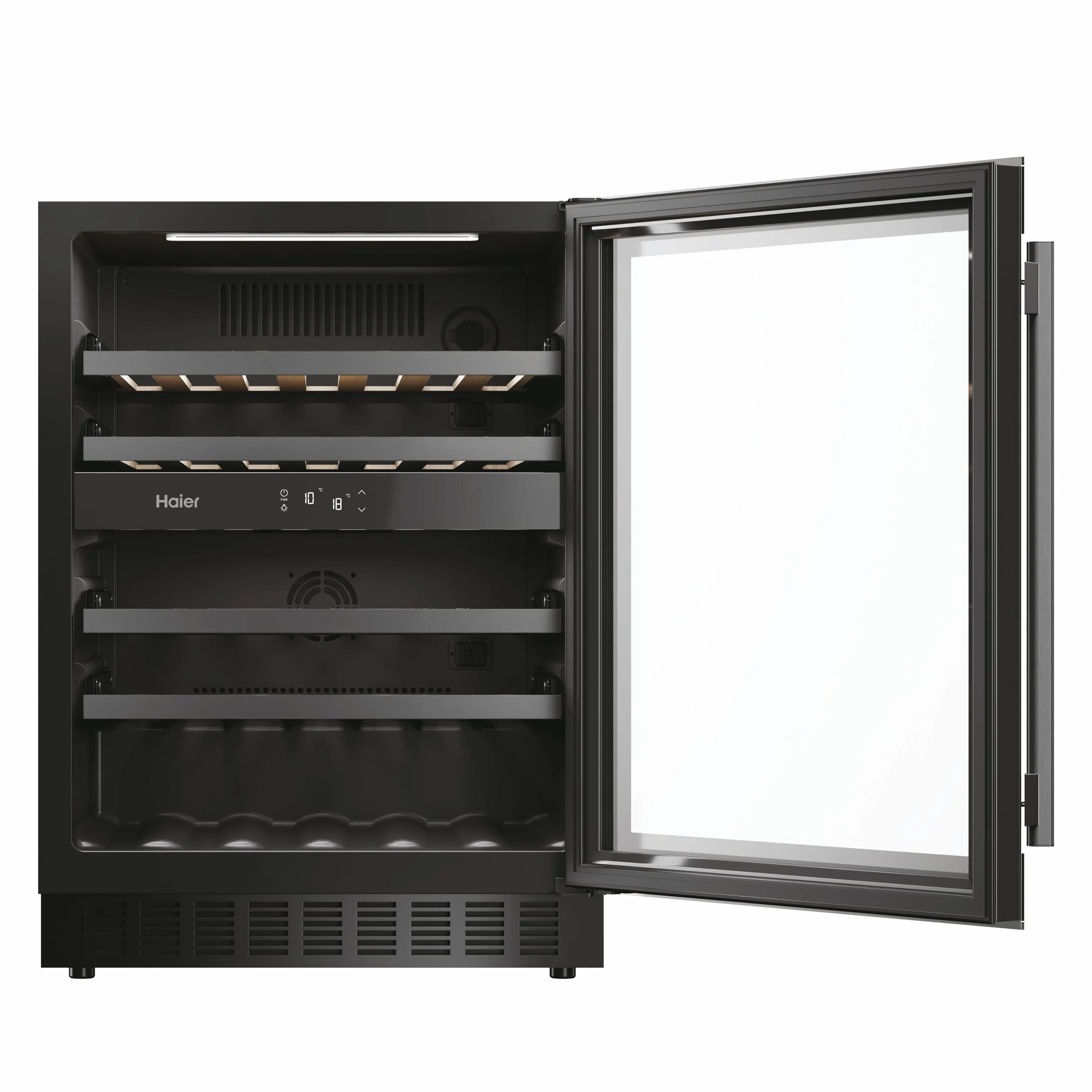 Haier Wine Bank 60 Series 6 HAKWBD 60 Vinoteca de integración de 44 botellas, 2 Zonas, Estantes de madera, Filtro Anti-UV, Refrigeración por Compresor, Display Digital, Iluminación LED, 38 dbA Negra