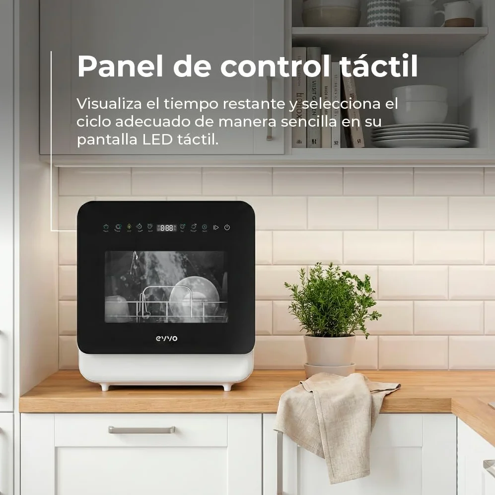 Lavavajillas EVVO Mini D Trip 3 – Lavavajillas Compacto Sobremesa, 3 Servicios, Clase Energética C, 6 Programas, Secado Extra Air Fresh, Panel LED Táctil, Inicio Diferido, Sin Instalación