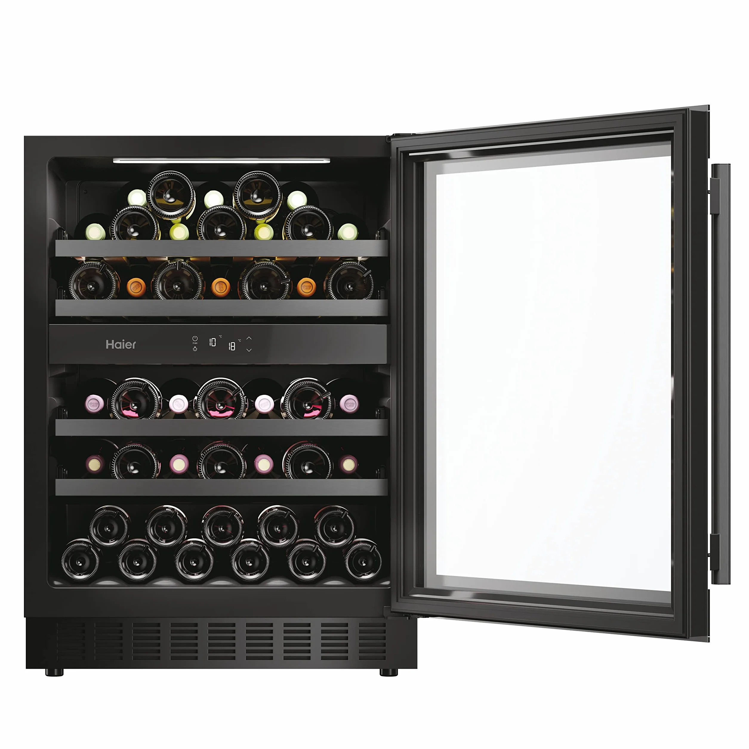Haier Wine Bank 60 Series 6 HAKWBD 60 Vinoteca de integración de 44 botellas, 2 Zonas, Estantes de madera, Filtro Anti-UV, Refrigeración por Compresor, Display Digital, Iluminación LED, 38 dbA Negra