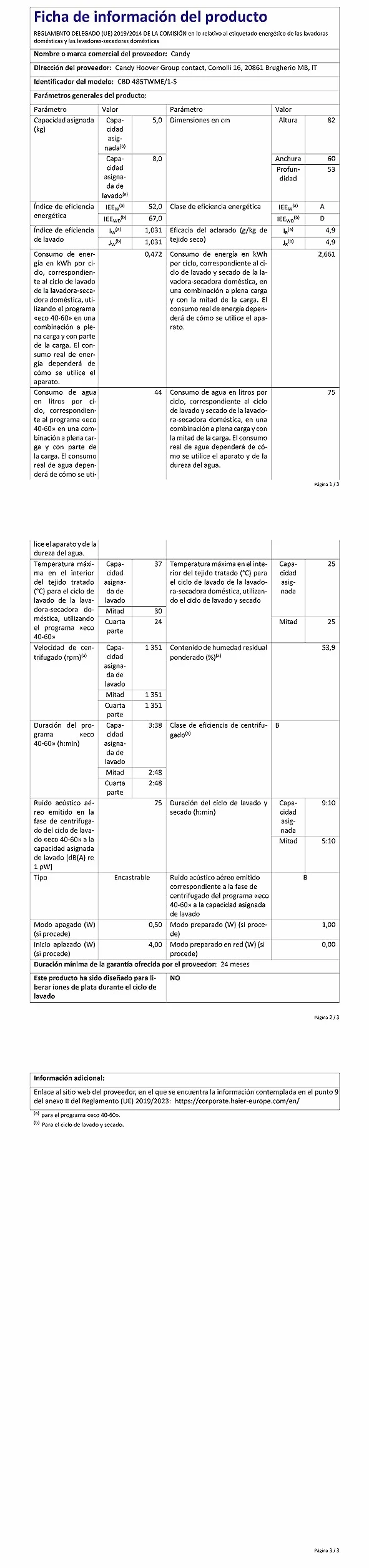Candy Smart Inverter CBD 485TWME/1-S, Lavasecadora Integrable, 8KG + 5KG, 1400RPM, 7 Ciclos Rápidos, Mix Power System, Certificado Lana, Selección Nivel Secado, Inicio Diferido 24H, Blanco