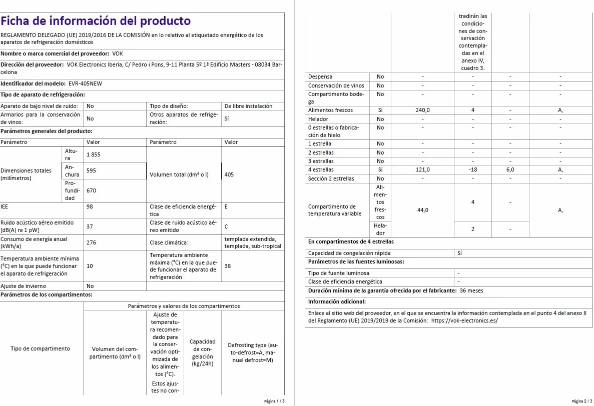 VOK Frigorífico Combinado No Frost 405L en 185.5cm - Compresor Inverter Silencioso 37dB, MaxVolume, Zona 0°C, Multi Air Flow, Clase E, Blanco, EVR-405NEW