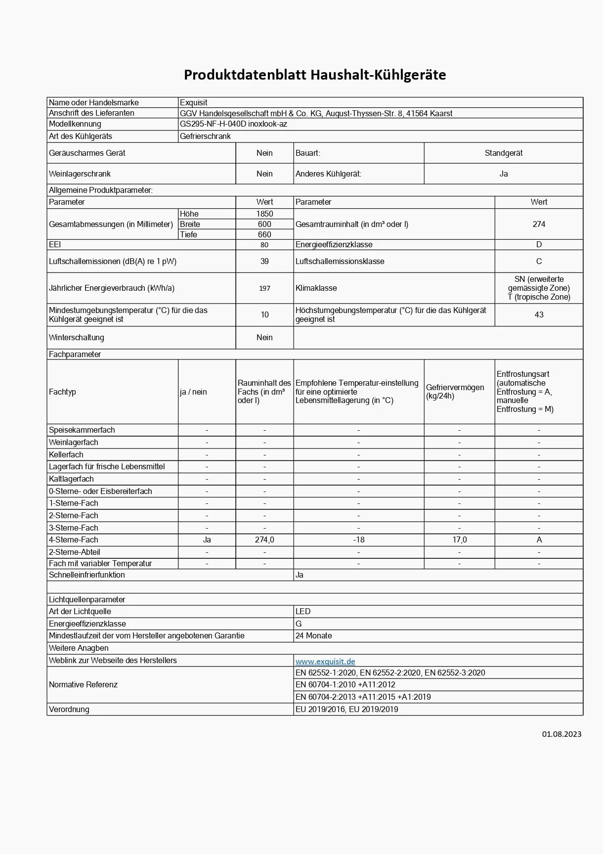 Exquisit® Congelador Vertical, 274L, Clase D, Material Acero Inox Antracita, Tecnología No-Frost, Control Digital, Cajón XL, Altura Regulable, Consumo 197 kWh/año, Medidas 185x60x66 Cm.