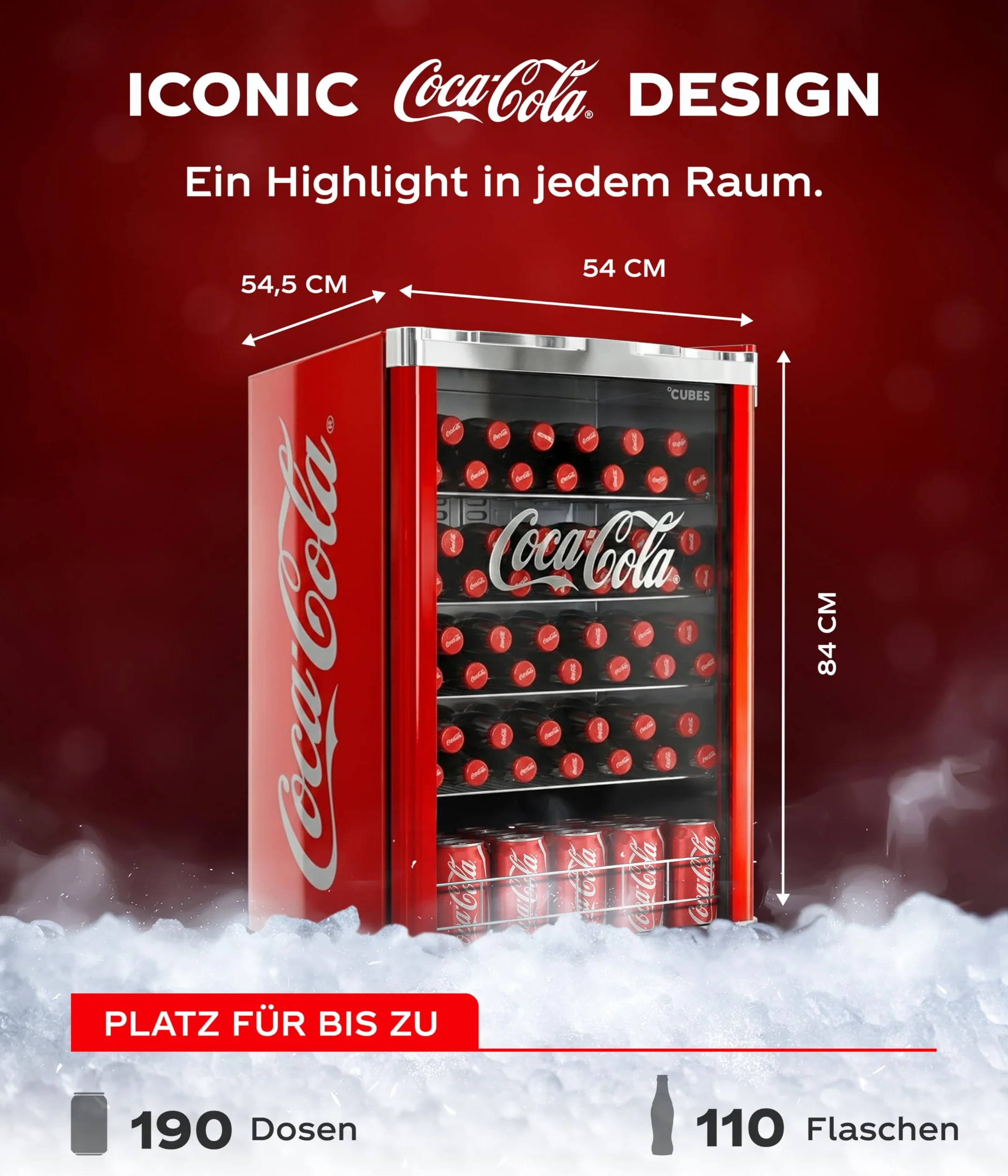 °CUBES Frigorífico Coca Cola de 115 l, refrigerador grande con puerta de cristal, perfecto para fiestas y comercios, eficiencia energética, 84,5 cm de alto, 104 kWh/año, nevera grande para botellas
