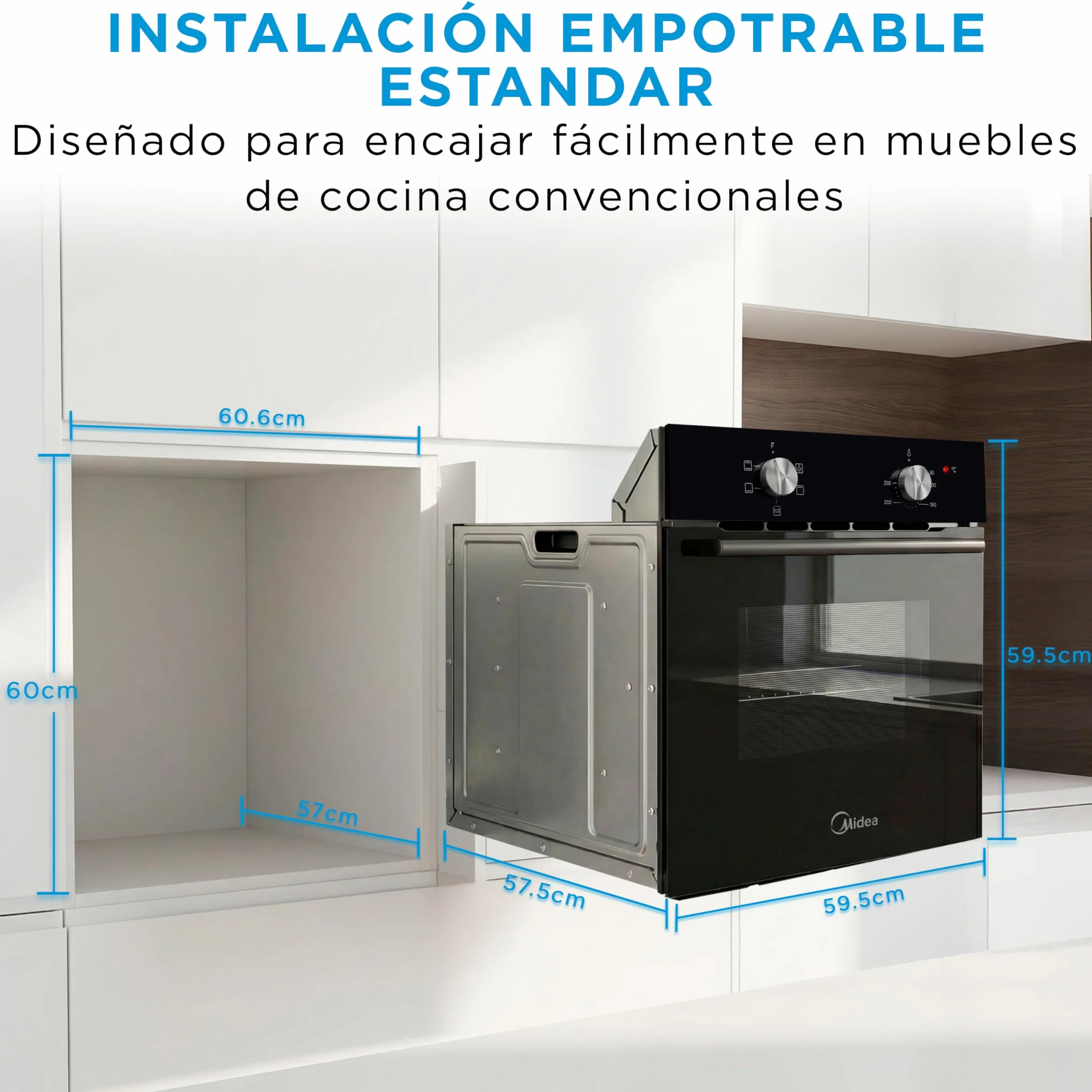 Midea Horno Electrico Empotrable Convencional de 70L y 2100W - Horno Integrable Negro con 4 funciones, Modo ECO - Hornos con Luz Led de Bajo Consumo, Puerta Doble Cristal, Bandeja Universal, y Rejilla