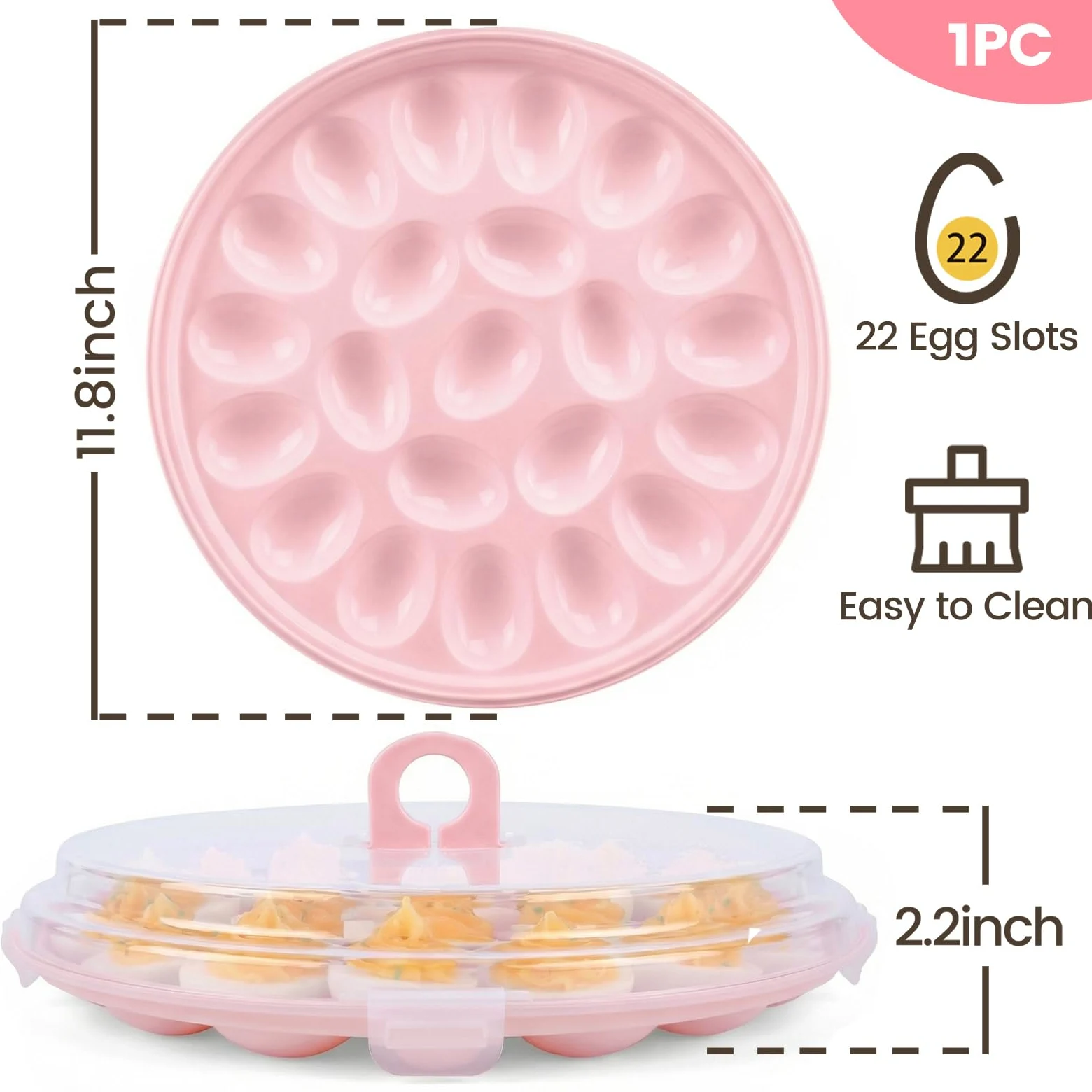HANSGO Bandeja de huevos diablos, soporte redondo rosa para huevos con tapa, portador portátil para acampar, Pascua, señoras, cocina, refrigerador, 22 ranuras para huevos