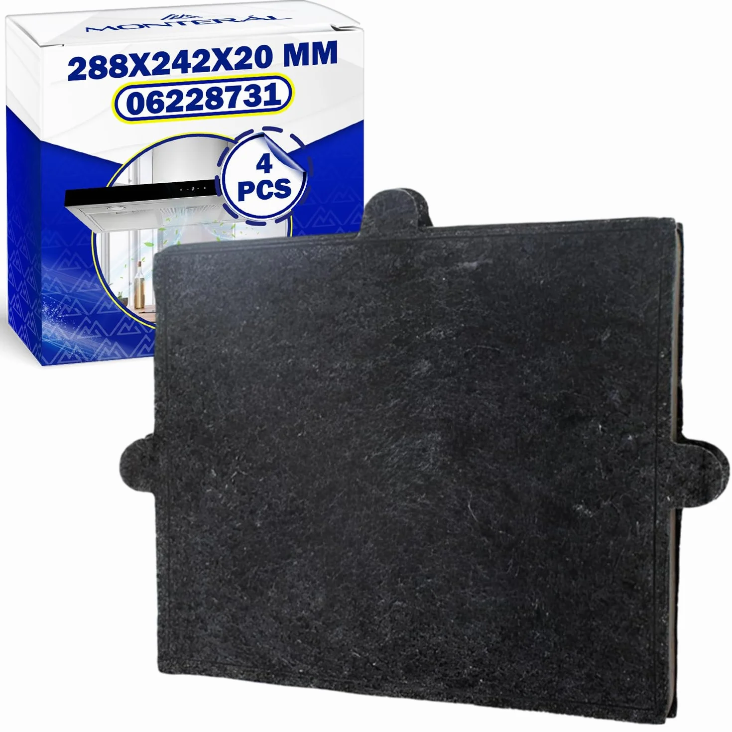 4 Piezas Filtro Carbon Activo para Campana Extractora modelos DKF12-1 DKF121 288x242x20 mm con Código Original 06228731 para Miele - MONTERAL