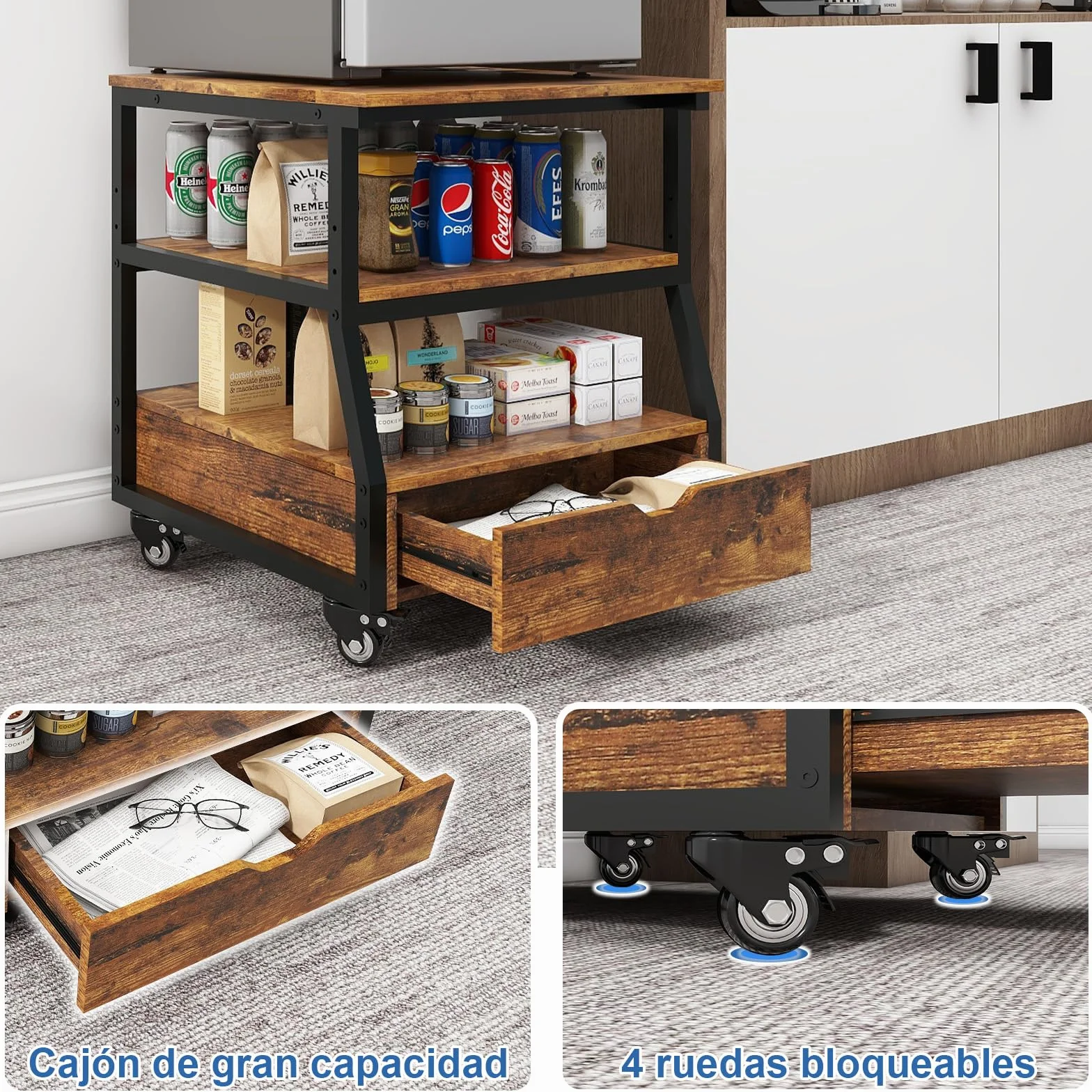 PUNCIA Soporte de 3 Niveles para Mini Nevera Mueble Estante de Frigorífico con Ruedas Organizador Móvil con Cajón Plataforma para Refrigerador Cocina Salón Oficina