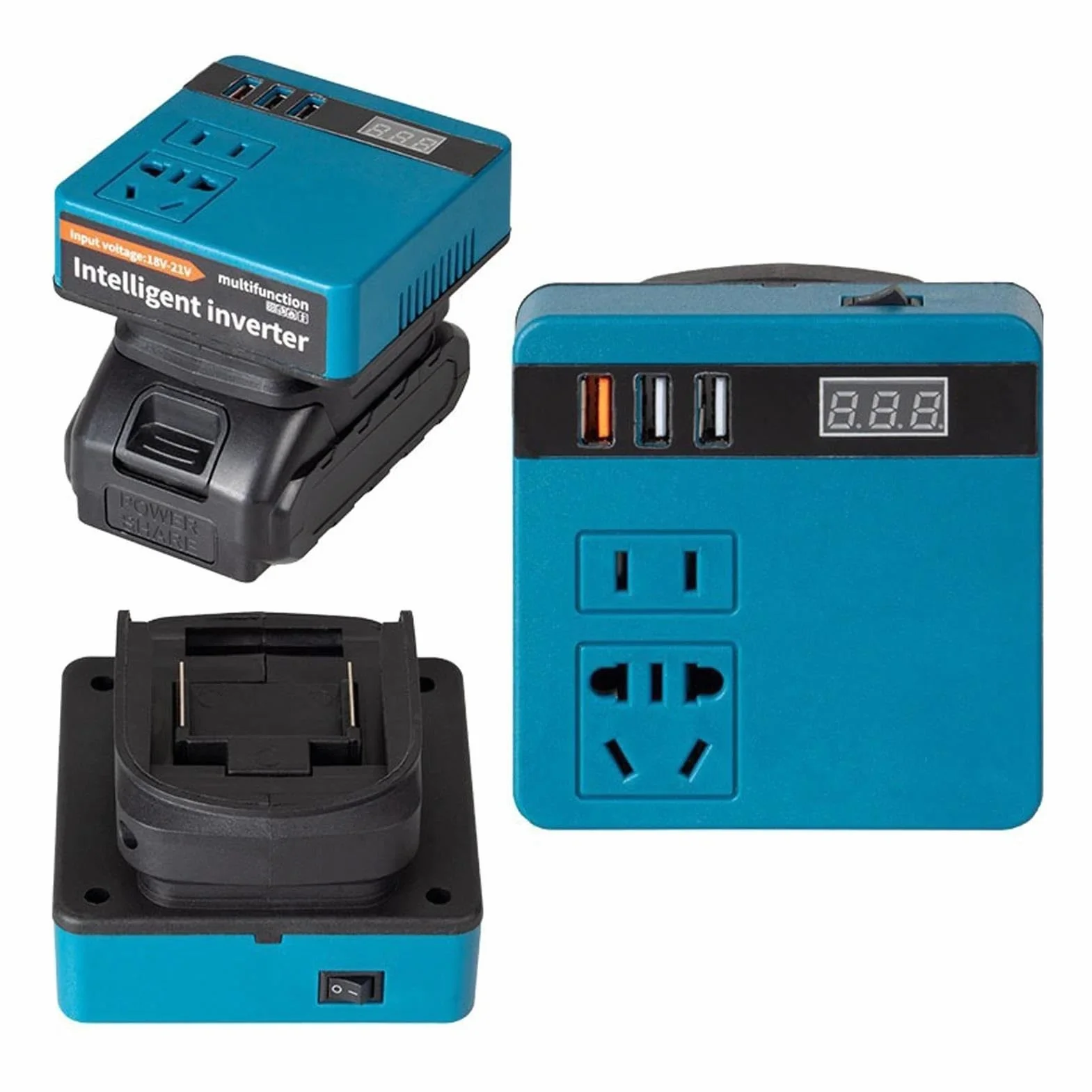 Inversor Inversor De Batería Litio De 120W Banco De Energía De 18V 21V A 110V 220V Transformador Inteligente Multifunción Uso Doméstico Exterior Onda sinusoidal modificada(Azul)