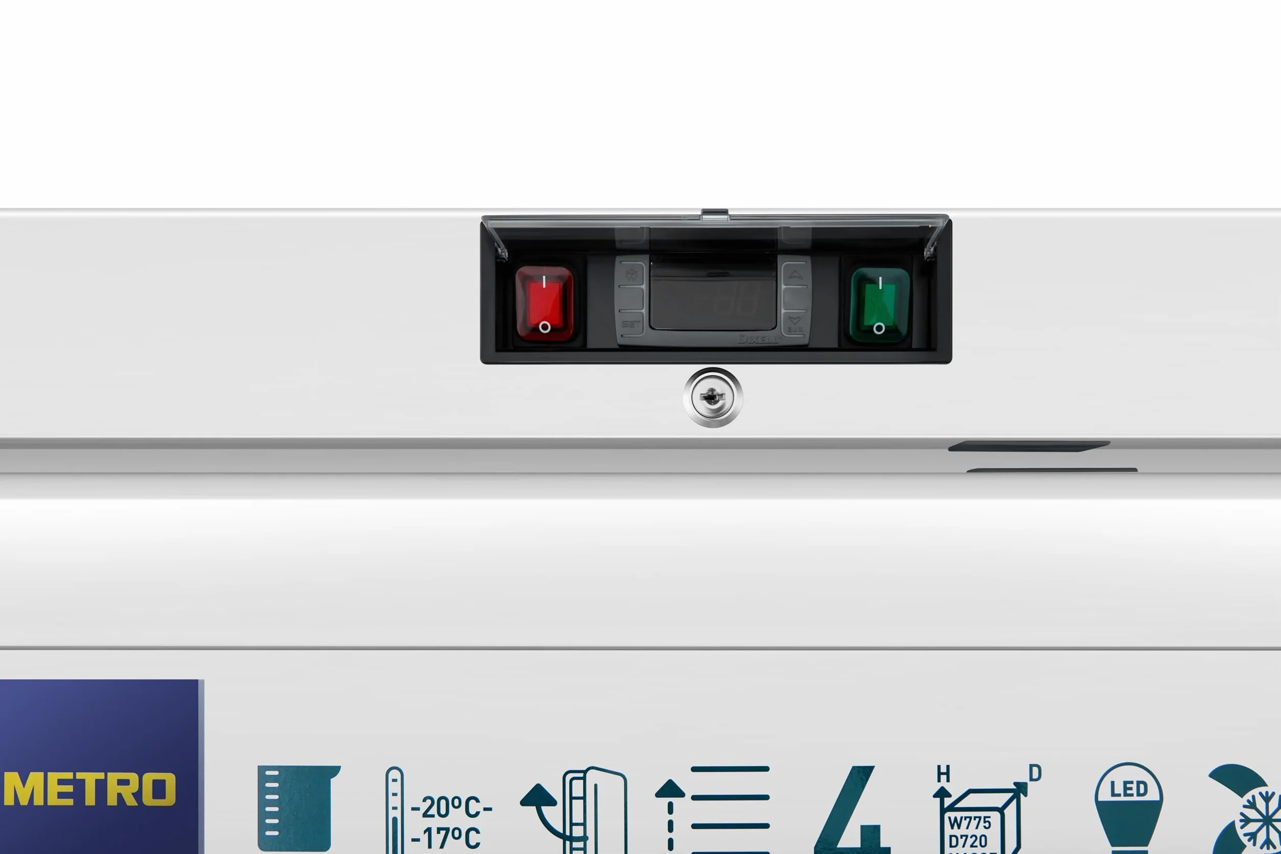 METRO Professional Frigorífico con Puerta de Cristal GRE6600G, 380L, Nevera Vertical con Cerradura, 77.5x72.5x188.5cm, 5 Estantes, Blanco