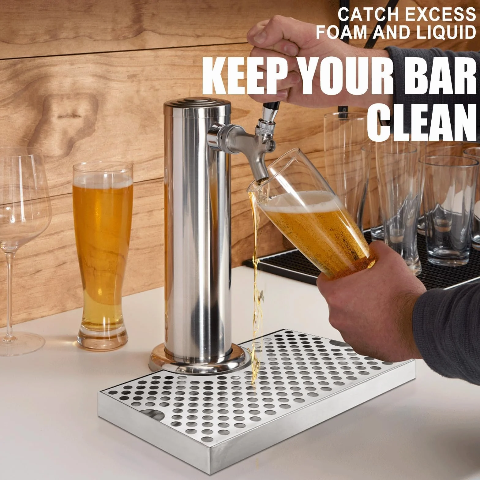 Bandeja de goteo de acero inoxidable para grifo de cerveza, bandeja de goteo de barril de cerveza con drenaje para torres de cerveza, bandeja de goteo Kegerator fácil de limpiar para el hogar, pub