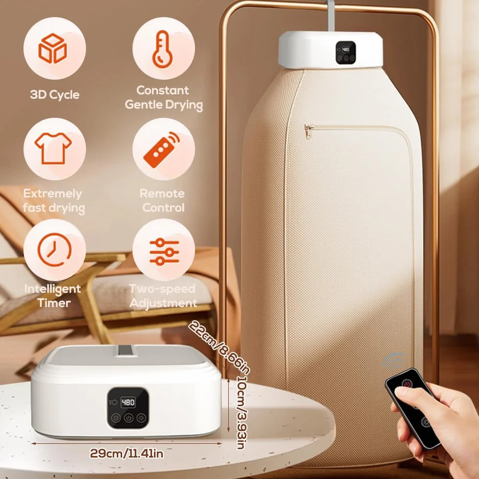 NAVESO Mini Secadora de Ropa Portatil Electrica, Mini Secadora Portatil, Secadora de Ropa Pequeña con Temporizador 1-8h, Esterilización UV, Mandos a Distancia, 600W